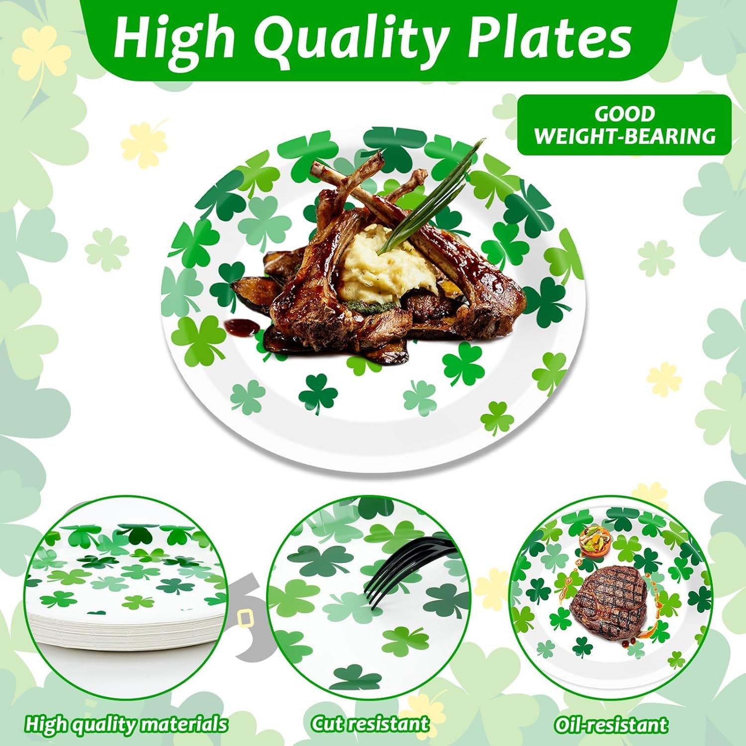 Happy St Patrick's Day Oval Paper Plates 11inch Shamrock Lucky Plates and Napkins, Disposable Green Party Decoration Heavy Duty Spring Holiday Dish Tray Supplies Gathering Picnic Tableware, 25 Guest - Image 4