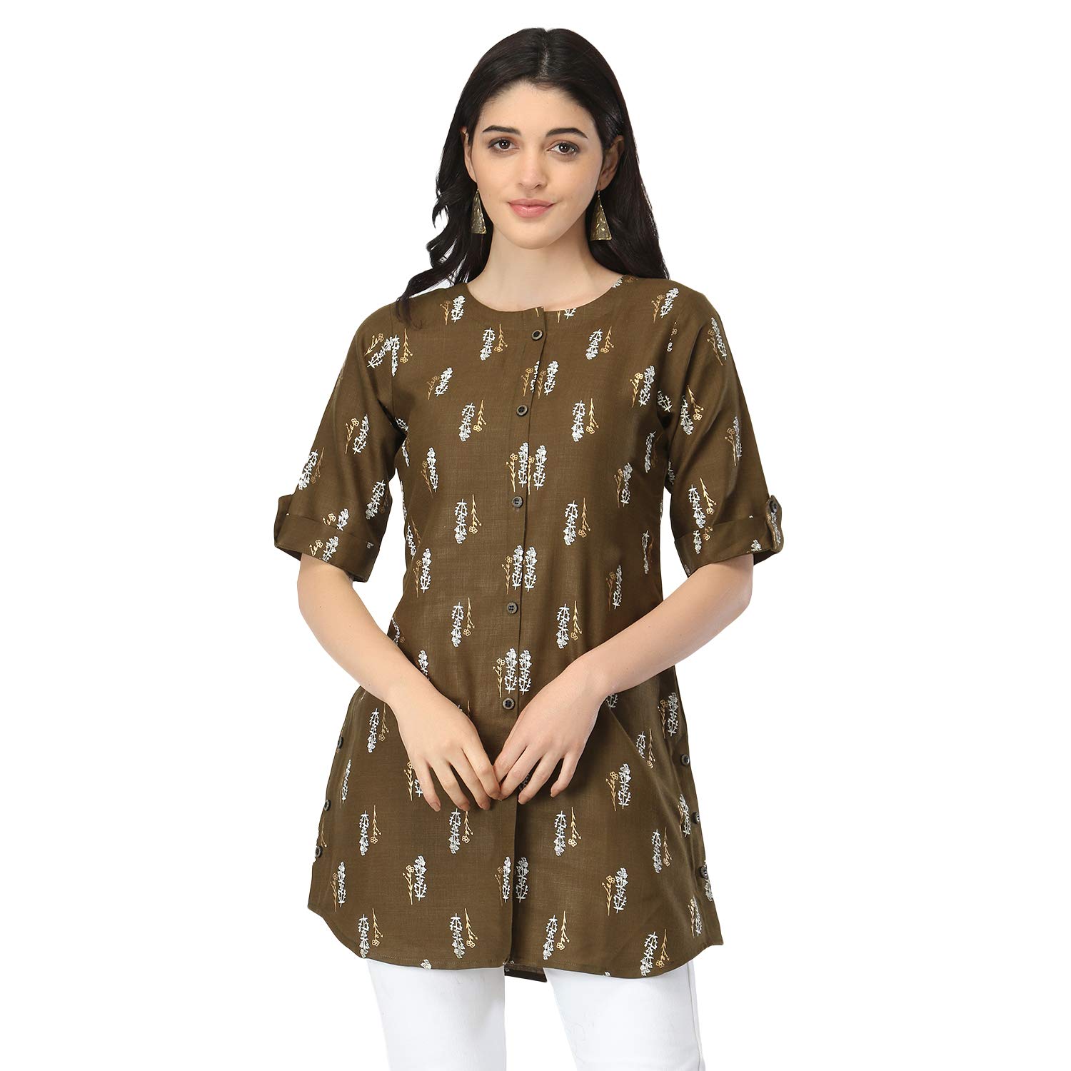 Om Sai Latest Creation Slub Rayon Fully Stitched Anarkali Foil Print Kurti For Women & Girls On Jeans Palazzo Or Skirt (Plus Size Upto 2Xl) (Black) (Brown, Small)