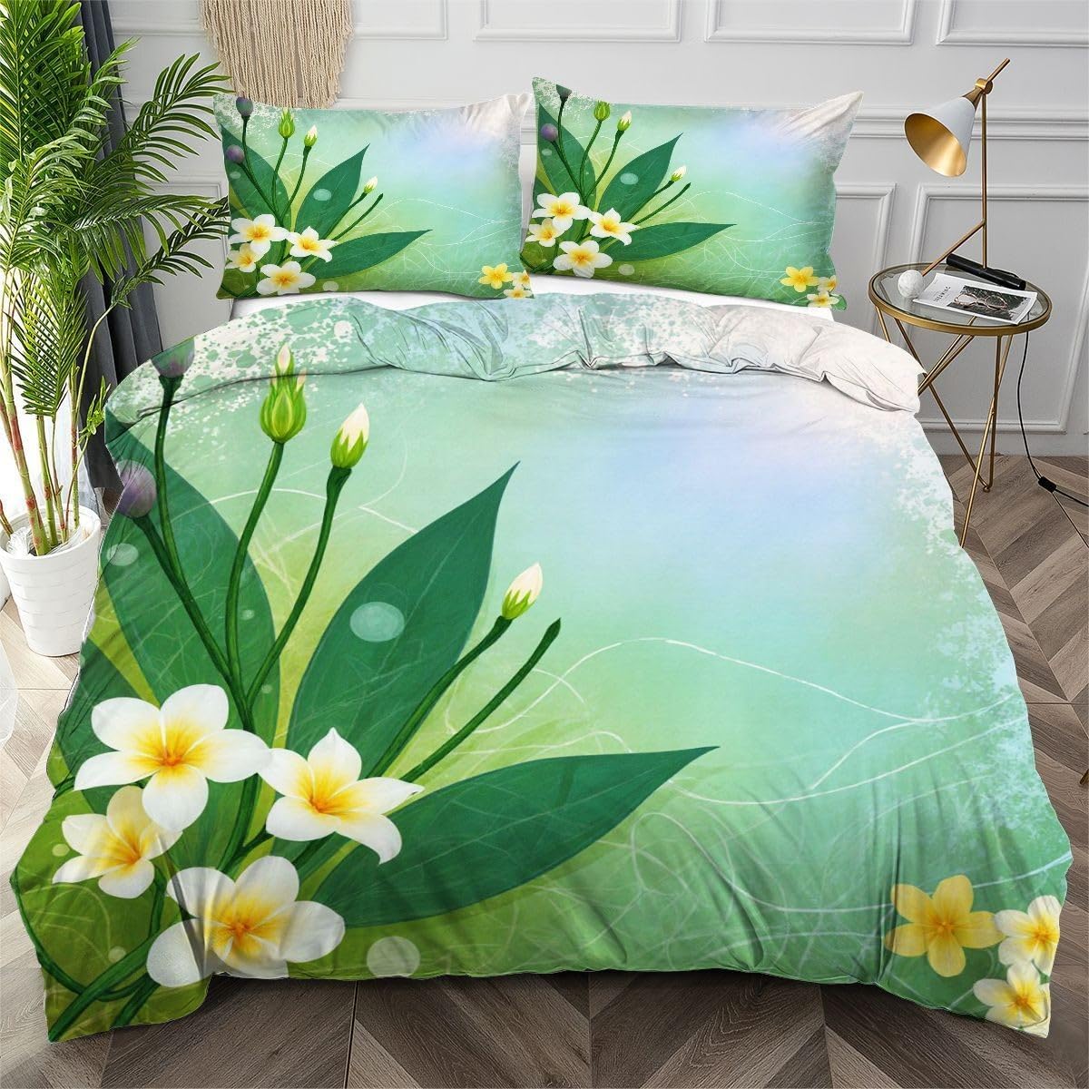 Housse de couette 140x200 zippée microfibre douce avec 2 taies d'oreiller motif plante AW3746