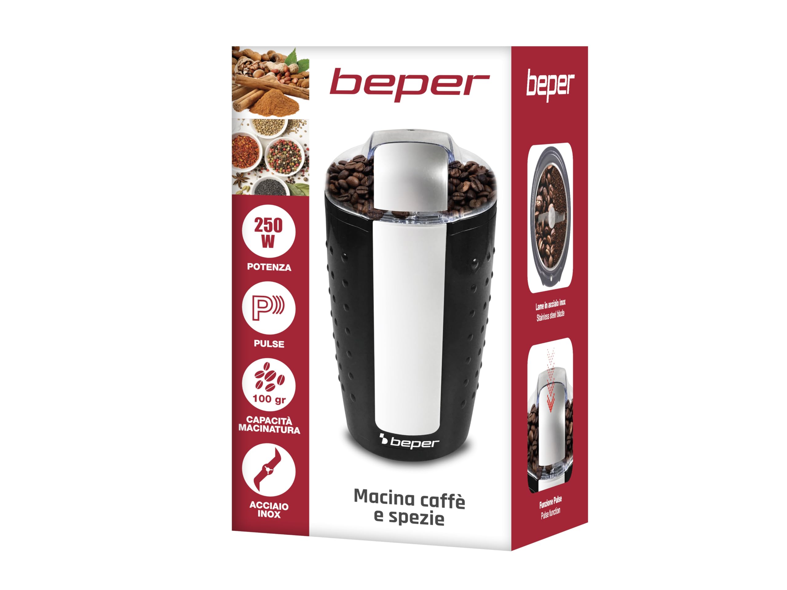 BEPER BP.581 Macina Caffe' Elettrico e Macina Spezie - Macinacaffè per Macinatura Istantanea di Chicchi di Caffè, Frutta e Semi