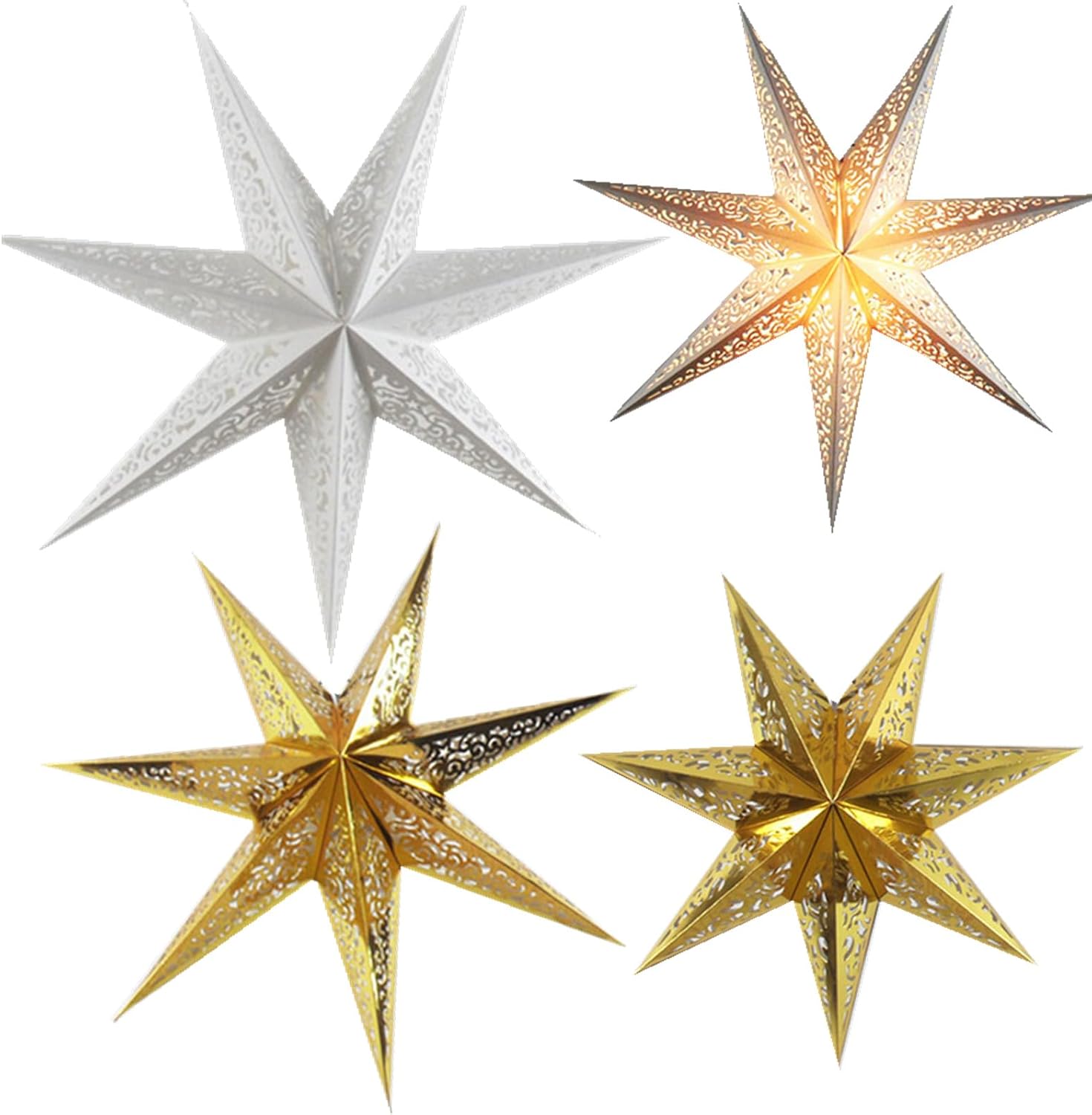 7 Point Star Paper Lantern,4pcs Paper Star Lantern Decoration Collapsible Handmade Hanging Hollow Star Paper Lantern Lampshades with 10 Foot Power Cord for Indoor Outdoor Decor (White gold)