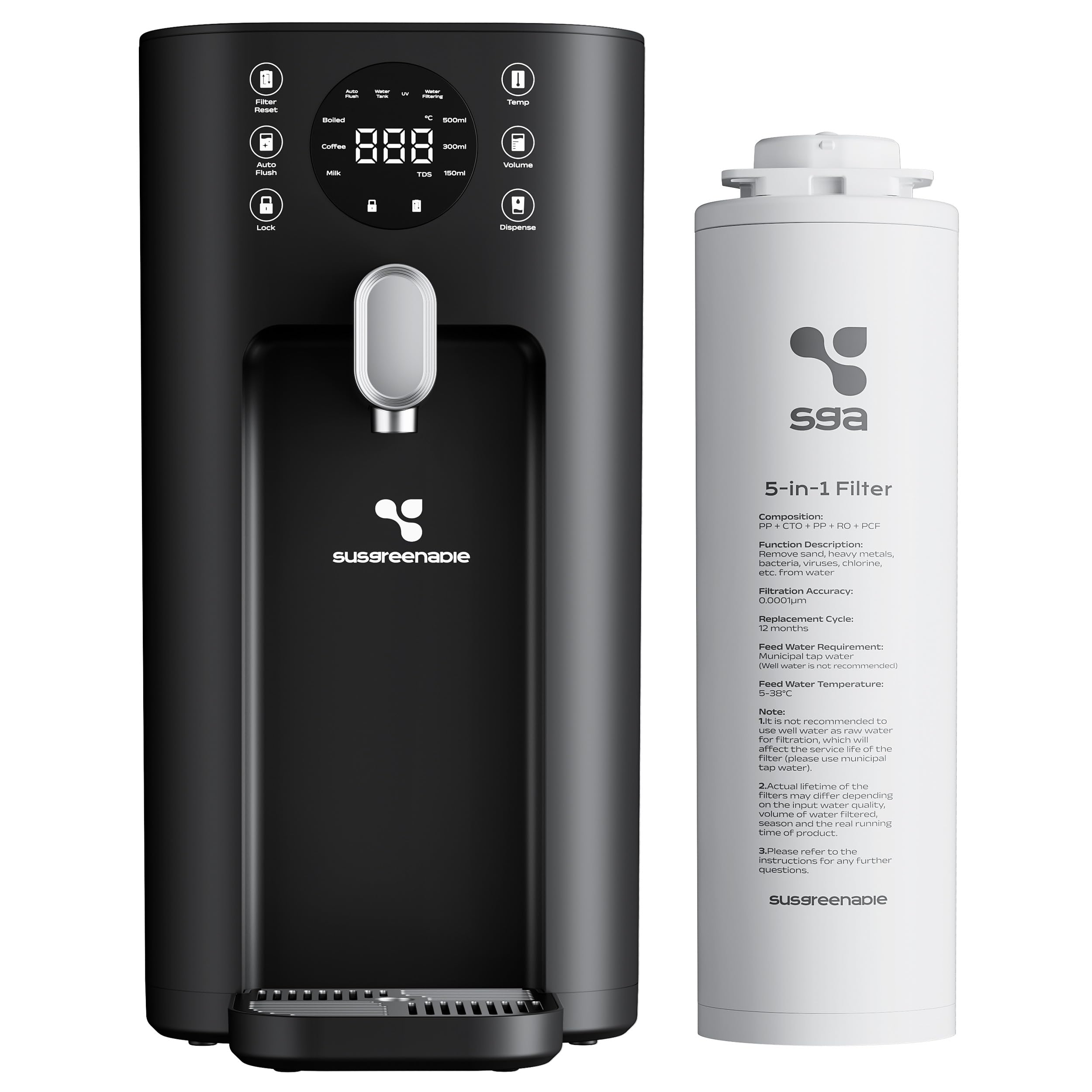CIARRA X SusGreenable osmoseur à osmose inverse,Purificateur d’eau de table avec eau chaude instantanée, 4 températures, Filtre RO 5-en-1, Réservoir 4,3L, Affichage TDS, Sans installation