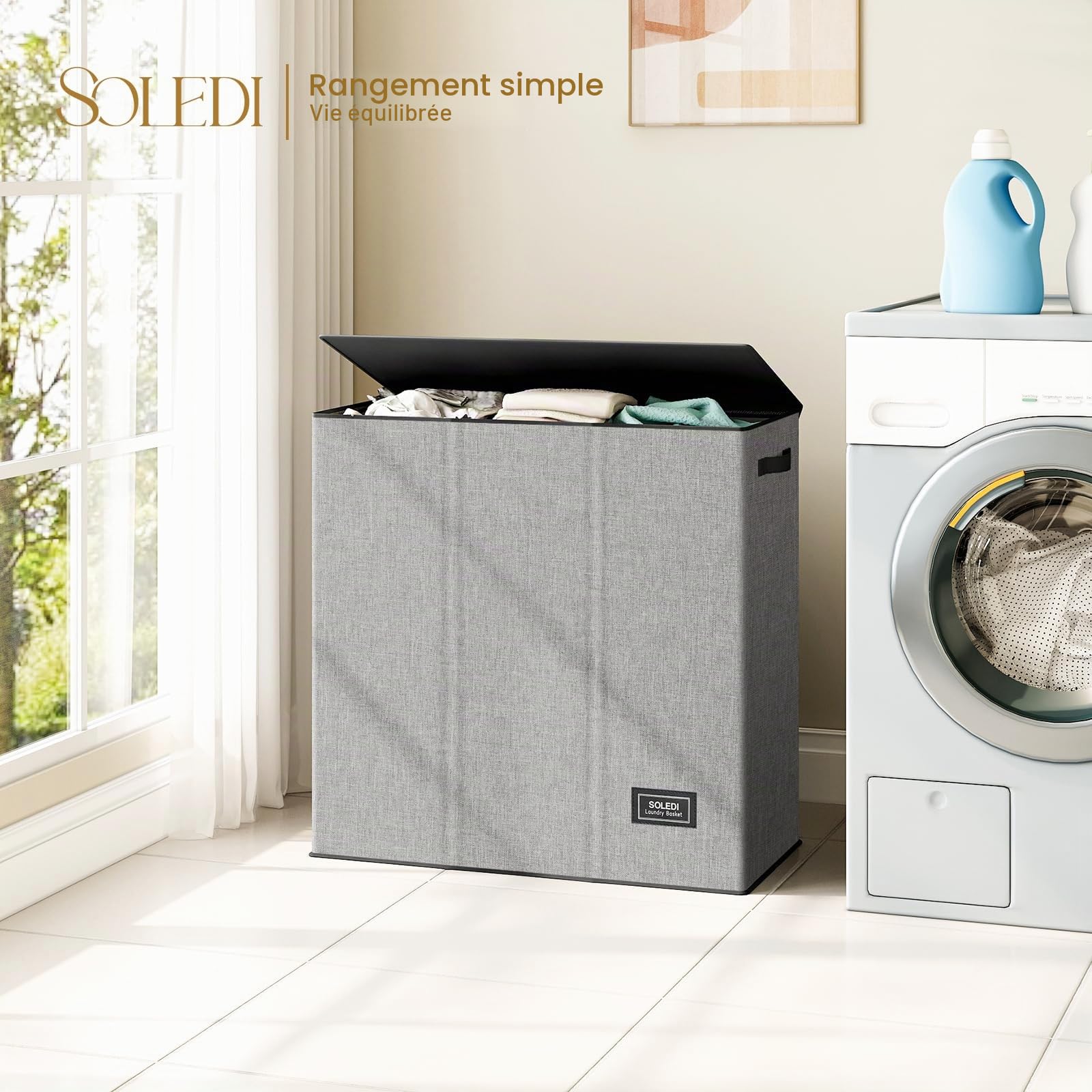 SOLEDI Panier a Linge avec Couvercle, Panier à Linge 3 Compartiment, 160L Corbeille a Linge, Paniere a Linge Sale pour Récupérer le Linge et Faire le Tri, Bac a Linge pour Buanderie, Gris