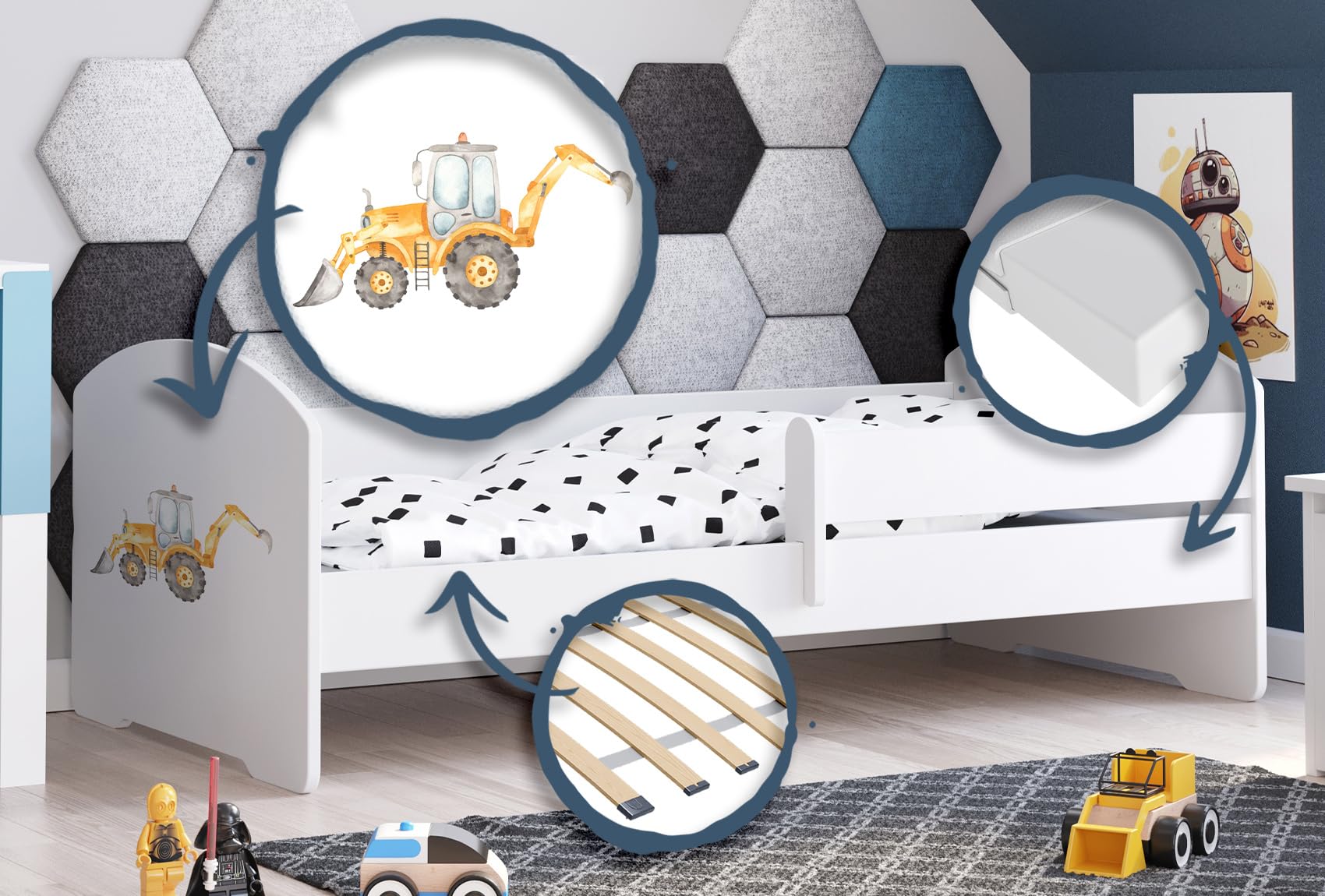 KOBI Cama infantil LUK Blanco | 140 x 70 cm | Cama infantil Camas infantiles | con colchón y marco | Habitación Bebe | Cama individual con barandilla