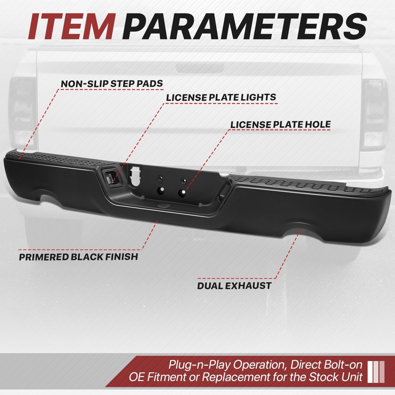 Steel Rear Step Bumper Compatible with Ram 1500 Pickup 2009-2018 Compatible with Ram 1500 Classic 2019 Bumper Cover 2-Piece Modular Design with Dual Exhaust Cutout CH1103123 68049744AA 68049779AB