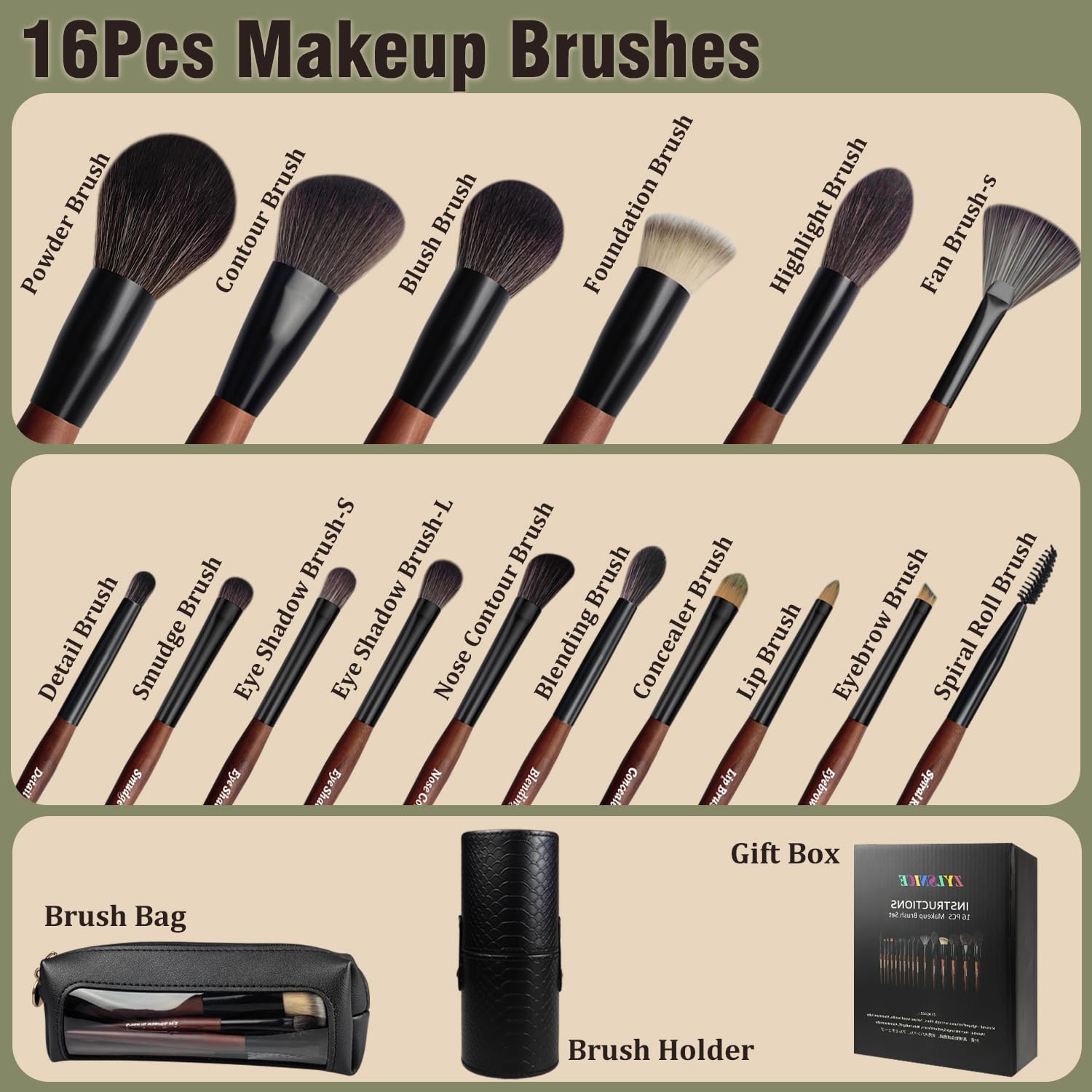 Juego de brochas de maquillaje, 16 piezas, cerdas sintéticas, asas de madera (negro)