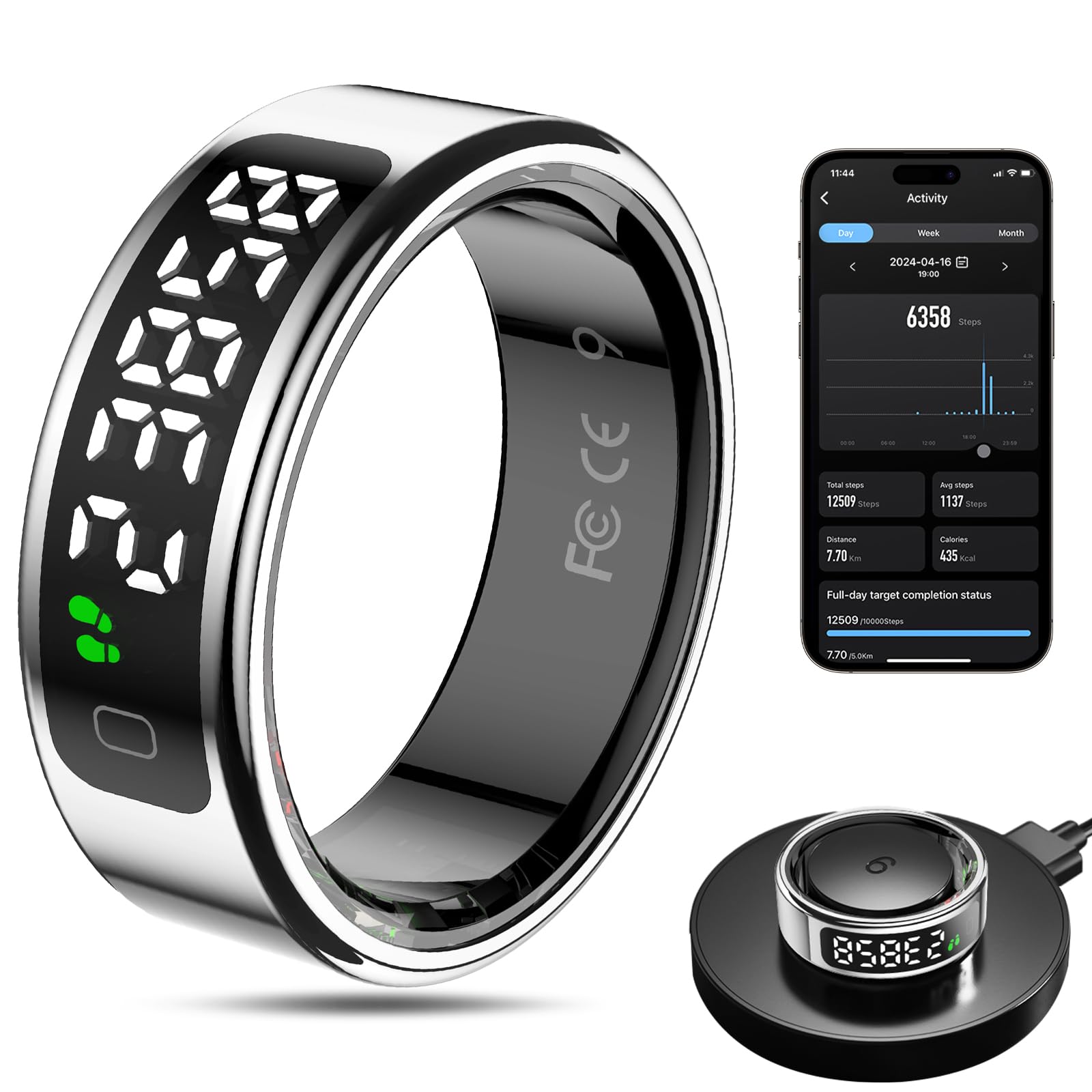Smart Ring Health Tracker for Men/Women with LED Dispay Screen,Fitness Ring Sleep Tracker,Fast Charging,for Pedometer Exercise,Monitor Sleep,Heart Rate, Stress,Waterproof (Silver, 8)-picture-25