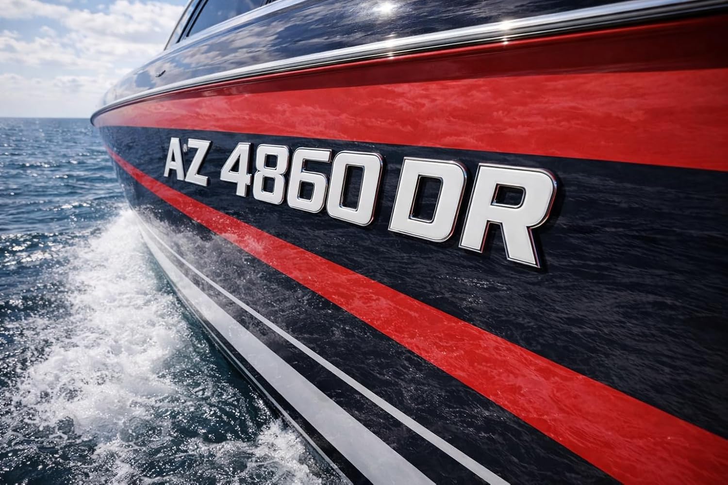 Boat & Jetski Registration Numbers - Domed/Raised Decal (16 pcs) White Center & Chrome Outline/Sport Series Font Style