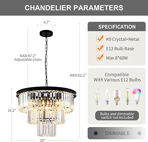 Miniatura 4 de HCCZ Candelabro moderno de cristal de 8 luces, 20 pulgadas, color negro, para comedor, lámpara colgante contemporánea, redonda de 3 niveles, altura