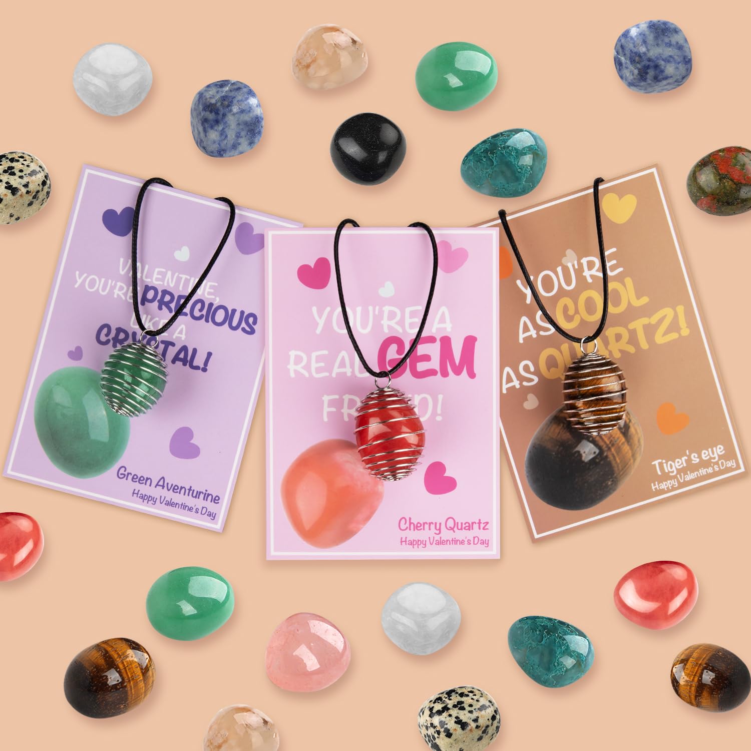 JXVICT Valentines Day Cards for Kids Classroom School, 24 Pack Valentine Exchange Cards with Healing Crystals Keychain Bulk, Valentines Day Gifts for Boys Girls Toddlers Class Party Favors (#2)