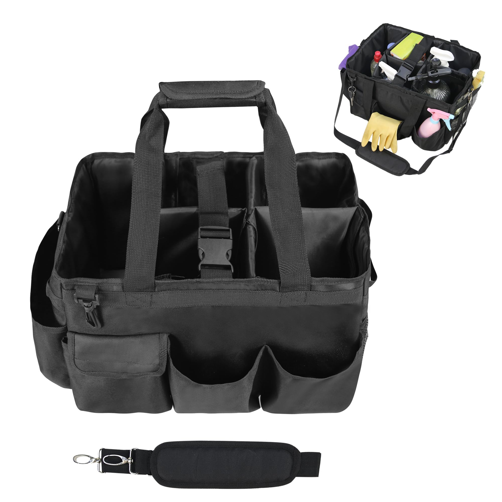 Organiseur de nettoyage avec bretelles réglables, grand sac caddy pour la maison, les fournitures de nettoyage de voiture, sac à main de ménage (noir)
