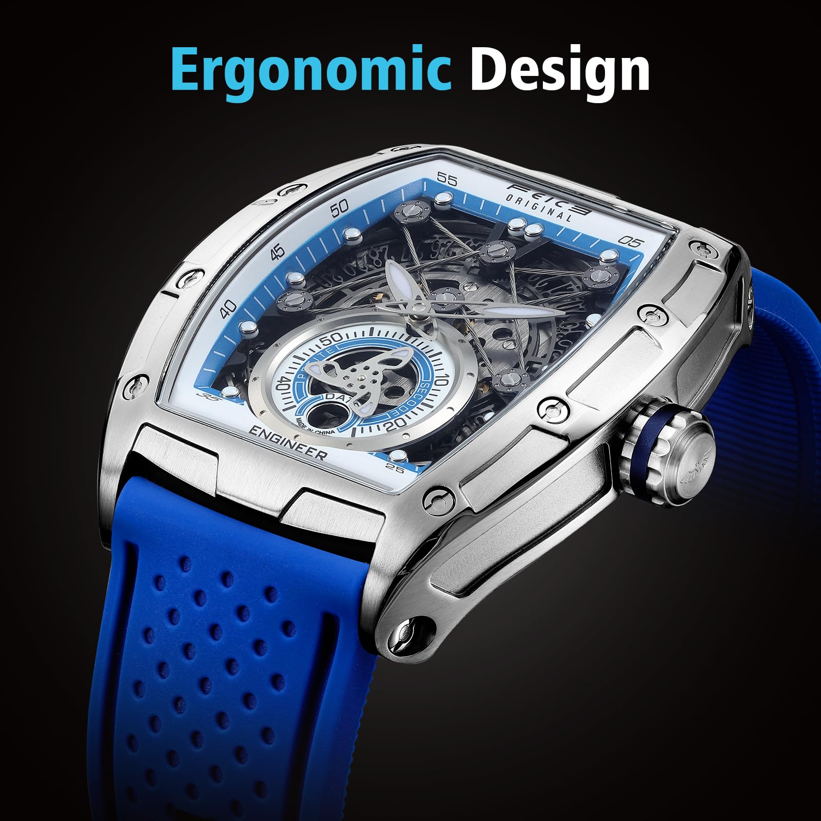 FEICE FM503 Orologio da Uomo Orologio Automatico Scheletrato Data Blu | Meccanico, Data, Forma a Barilotto, Vetro Minerale Blu Galvanizzato, Cinturino in Silicone Liquido, Cassa in Acciaio Inox