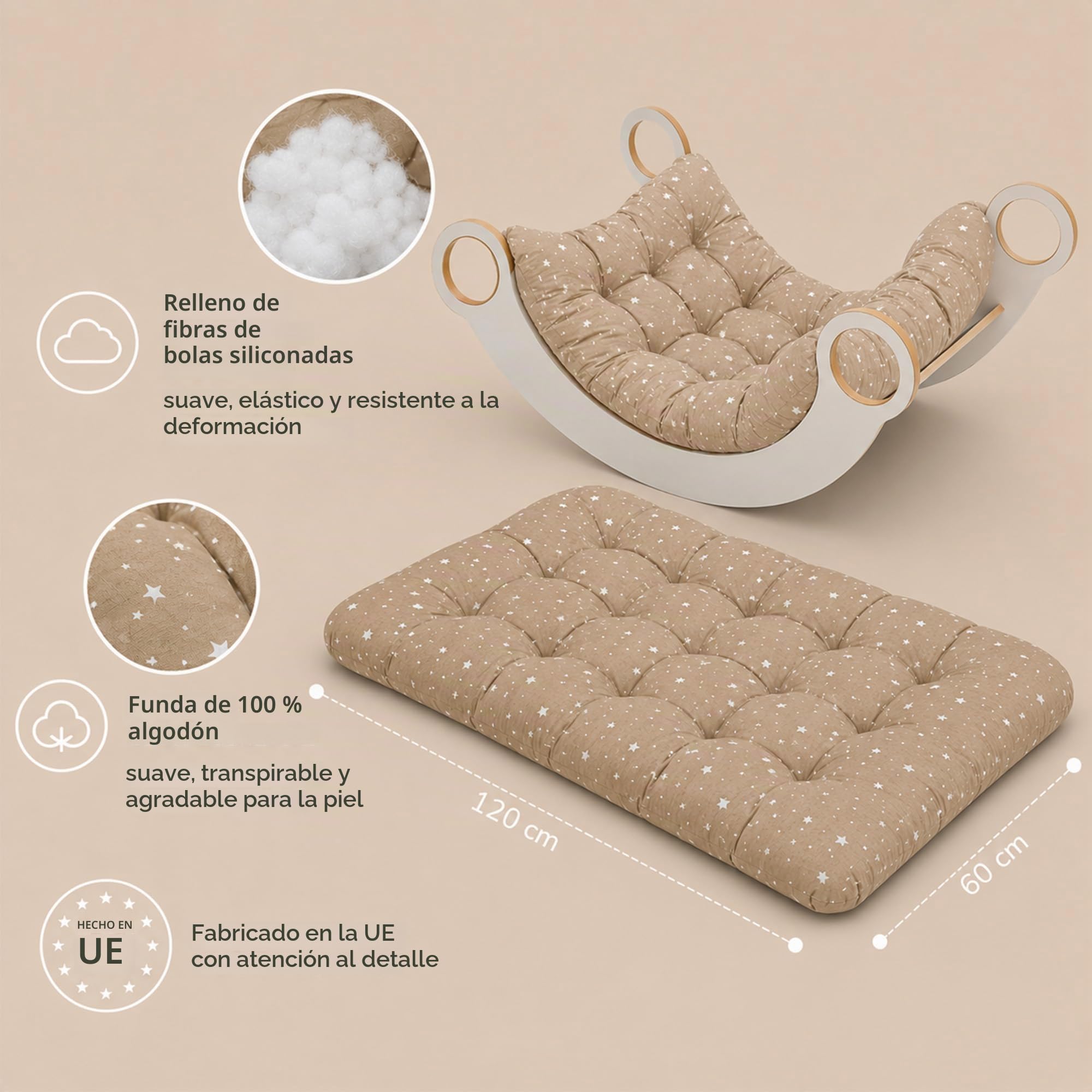 Cojín para arco Montessori y balancín 60x120 cm - colchoneta de suelo niños reversible – asiento relax lectura juego para la habitación infantil funda algodón Oeko-Tex Africa
