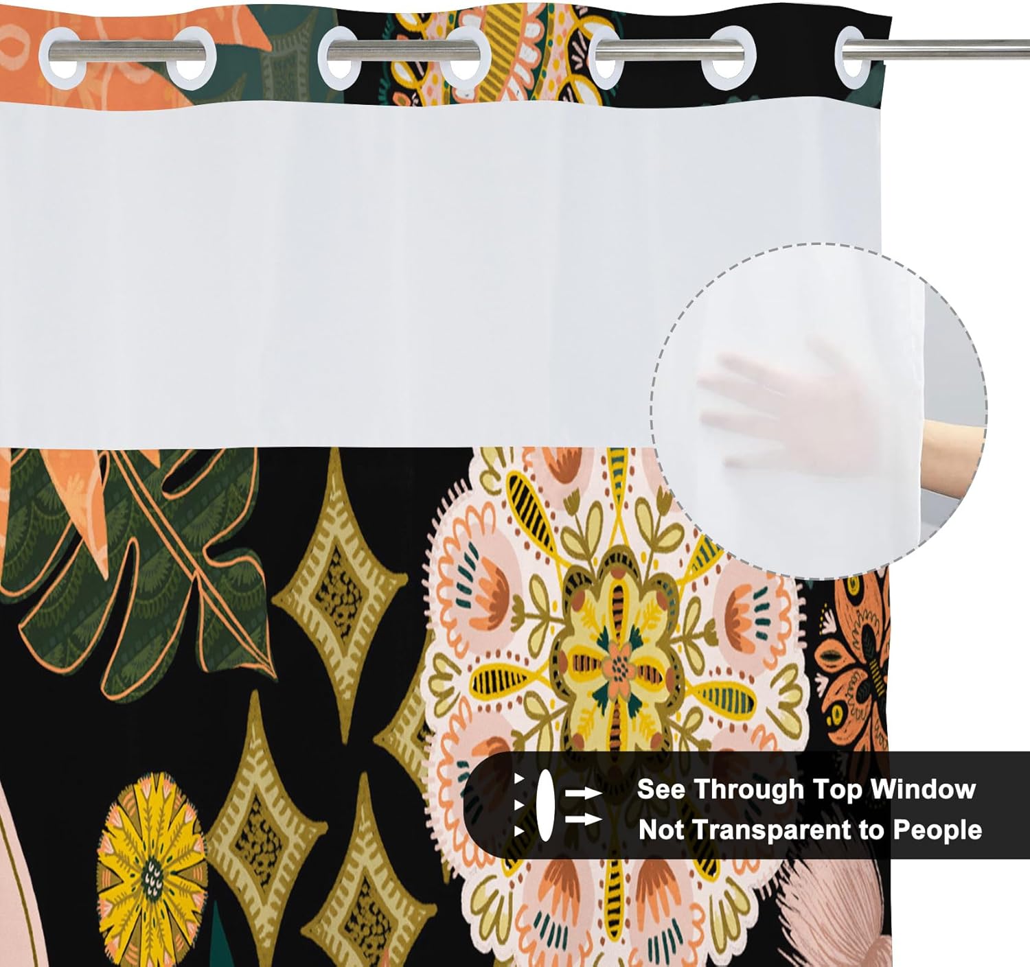 No Hook Boho Floral Shower Curtain with Snap in Liner Ringless Modern Abstract Bohemia Shower Curtain for Bathroom Waterproof Fabric 71x74 inch