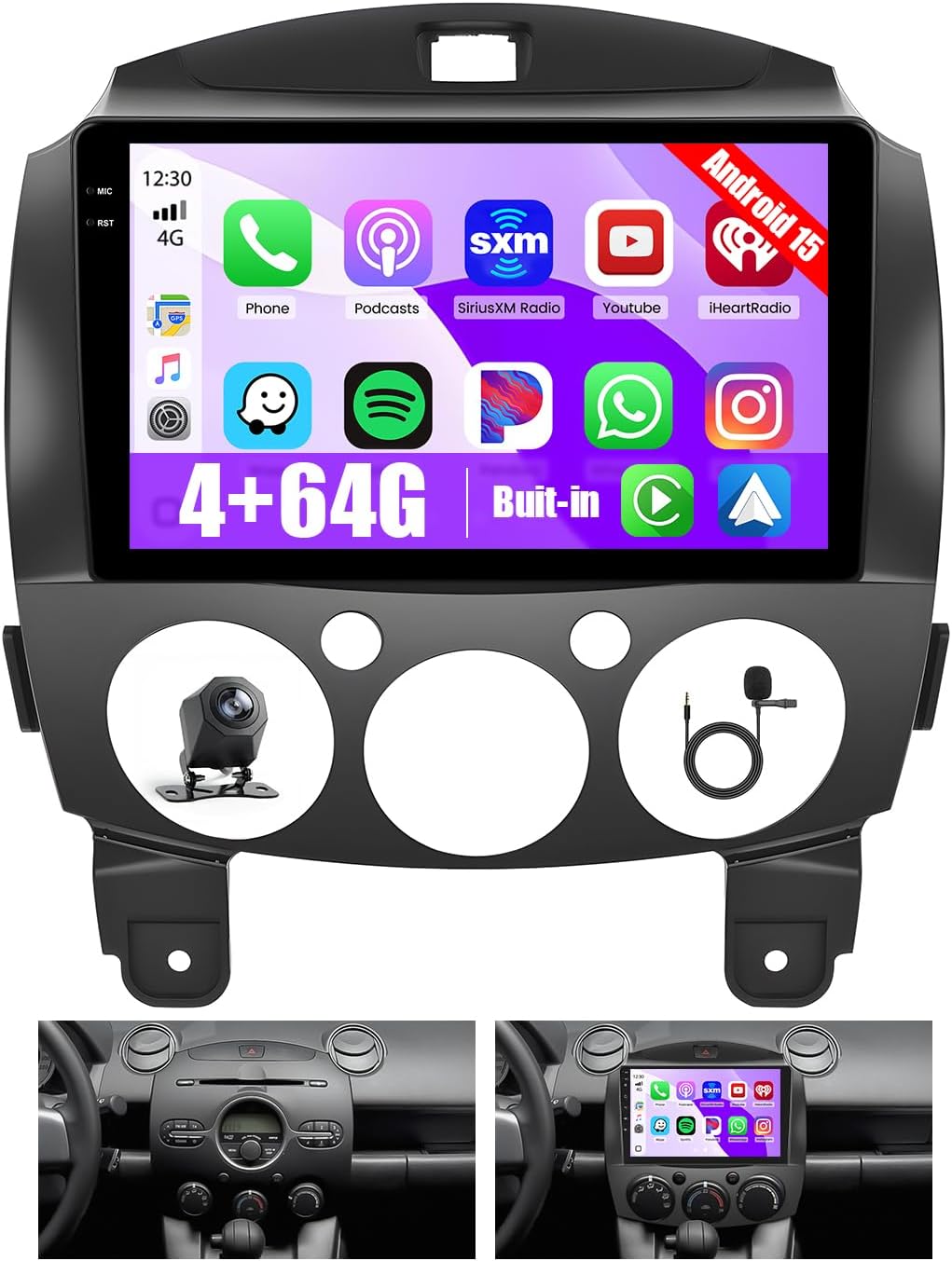 Hikity 4+64G for Mazda 2 2007-2014 Android Car Stereo, 9”Incell Touchscreen Radio with CarPlay, Android Auto, Bluetooth, GPS Navigation, WiFi, FM, RDS + AHD Backup Camera