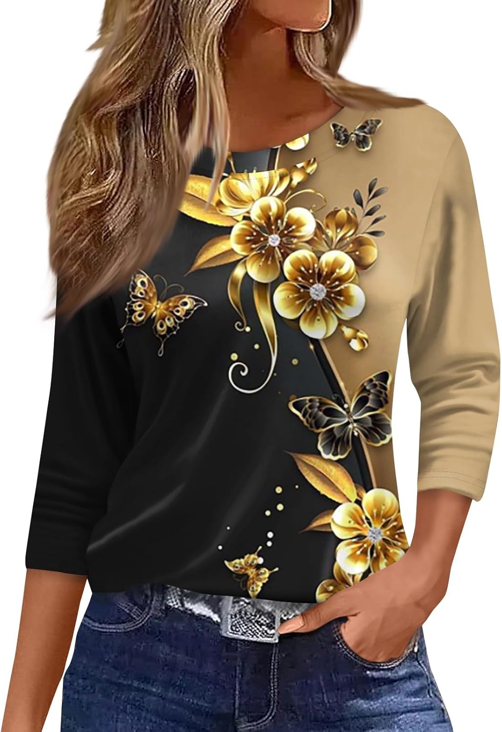 3/4 Length Sleeve Womens Tops Fashion Floral Print Vintage Tshirts Spring Casual Loose Crew Neck Blouses 2025