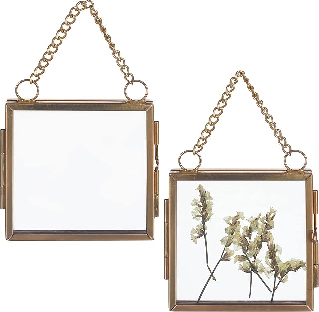 OLYCRAFT 2pcs Wall Hanging Mini Photo Frames Double Glass Picture Frame with Chain Folding Frame DIY Vintage Artwork Display Frames for Pressed Flowers Pictures Home Wall Decor 6x6cm