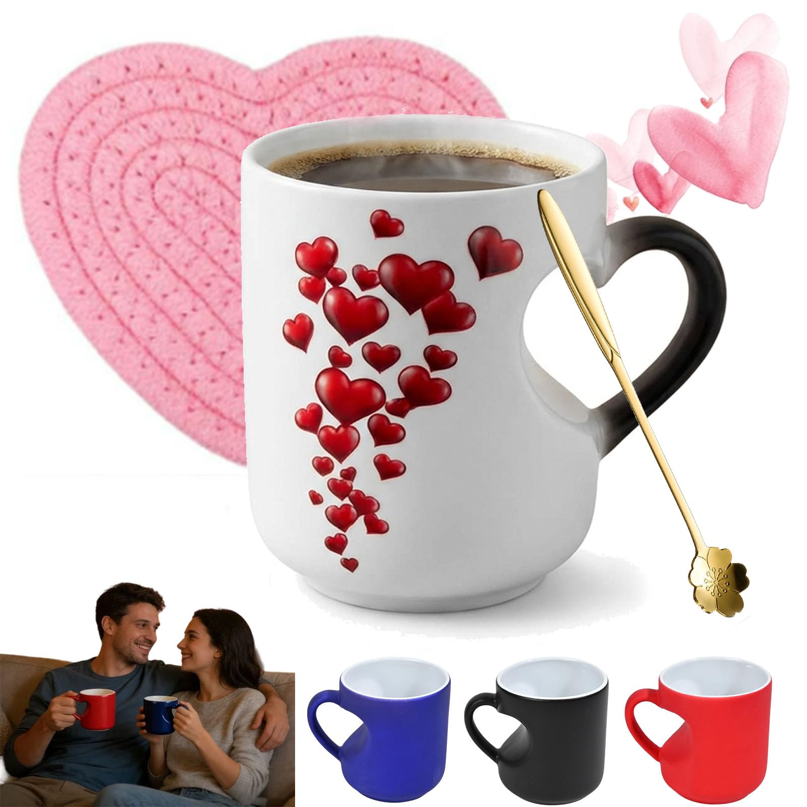 Heart-Shaped Color Changing Magic Ceramic Mug, Valentine's Day Color-Changing Love Mug with Handle, Funny Heat-Activated Colors Change Coffee Cup for Coffee, Tea, Cocoa, Lattes (Black)