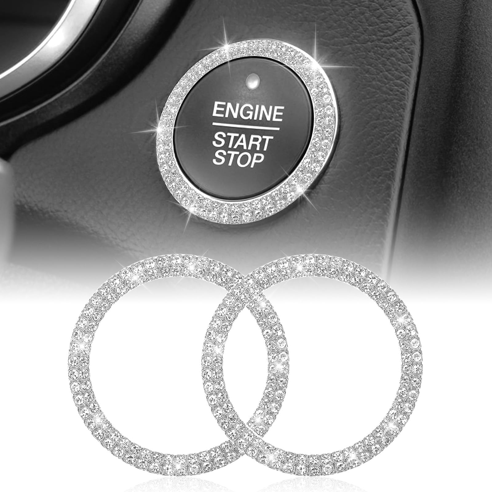SHANXIYINGHAIBAIHUODIAN 2PCS Car Start Stop Button Ring for Seat MII 5-Türer KF1 I 2012-2019, Waterproof Dustproof Self-Adhesive Bling Crystal Ignition Key Ring Decor Accessories