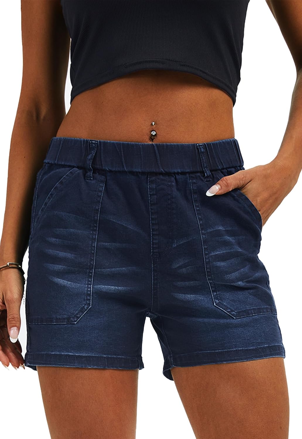HVEPUO Womens Jean Shorts High Waisted Summer Cotton Stretchy Casual Pull On Beach Elastic Waist Denim Shorts with Pockets