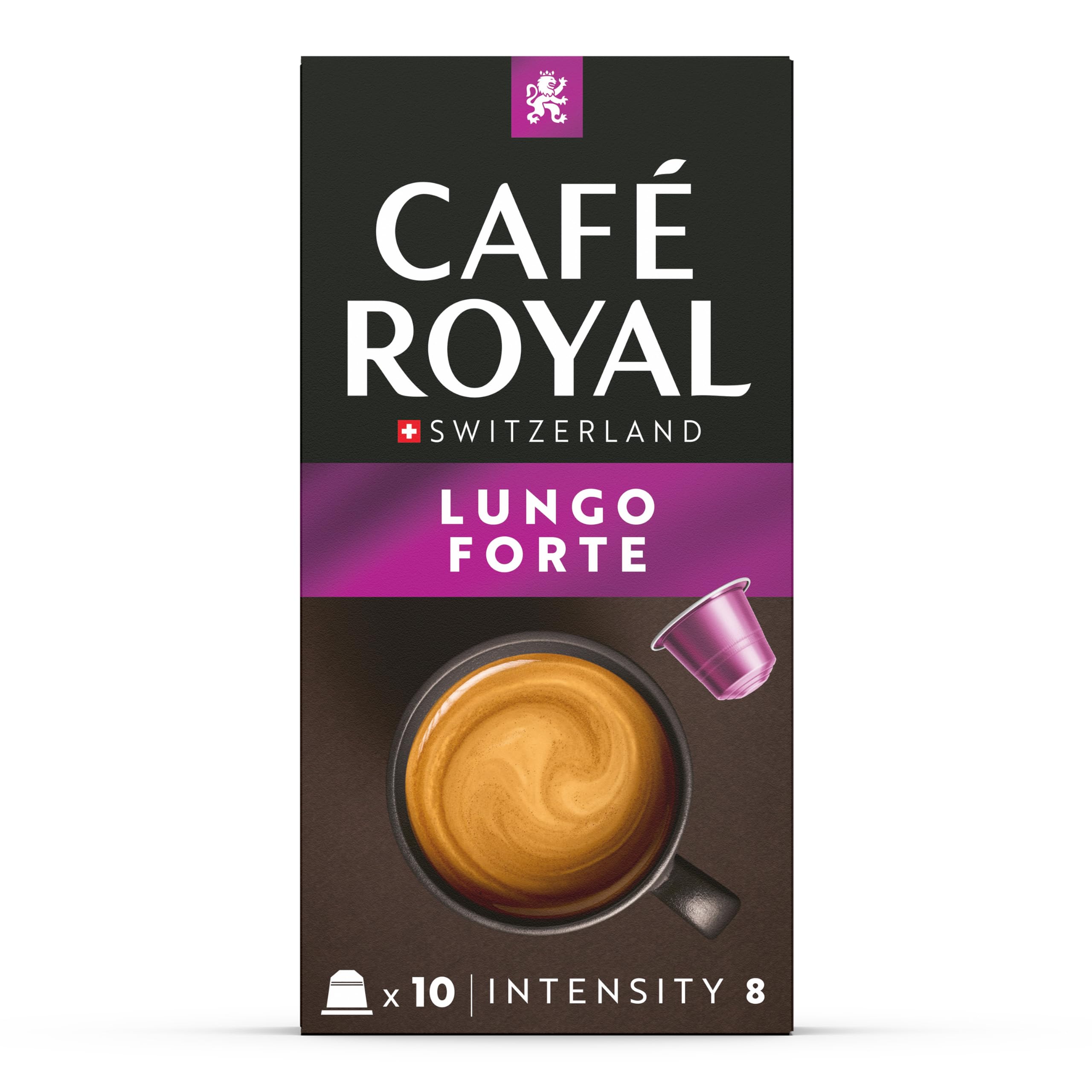 Café Royal Lungo Forte - 100 cápsulas para cafetera Nespresso, intensidad 8/10, cápsulas de café de aluminio con certificación UTZ