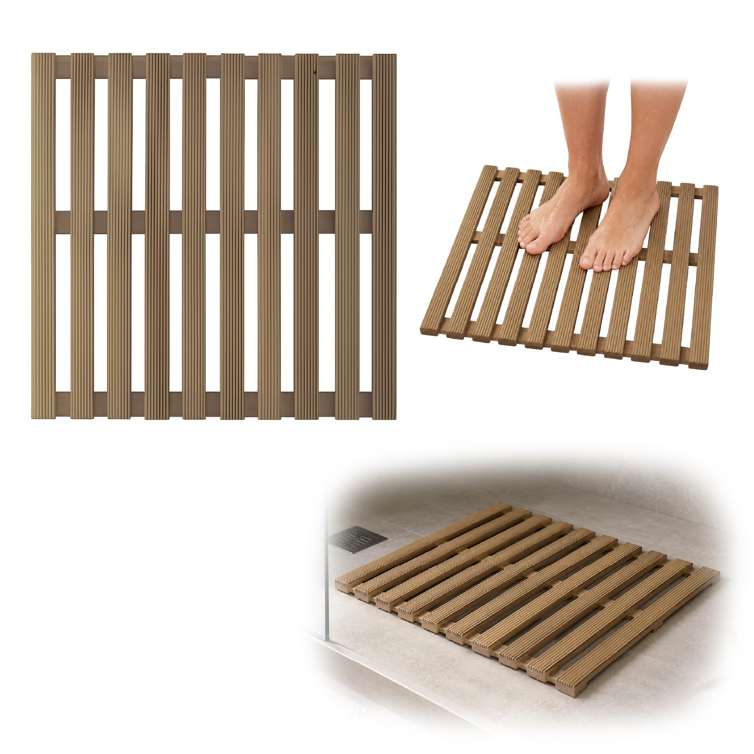 Crisalide® - Pedana Doccia in Legno di Pino Naturale 57x57 cm, Pedana Antiscivolo Waterproof con Doghe Drenanti, Piedini di Appoggio, Tappeto Doccia in Legno per Bagno e Piatto Doccia