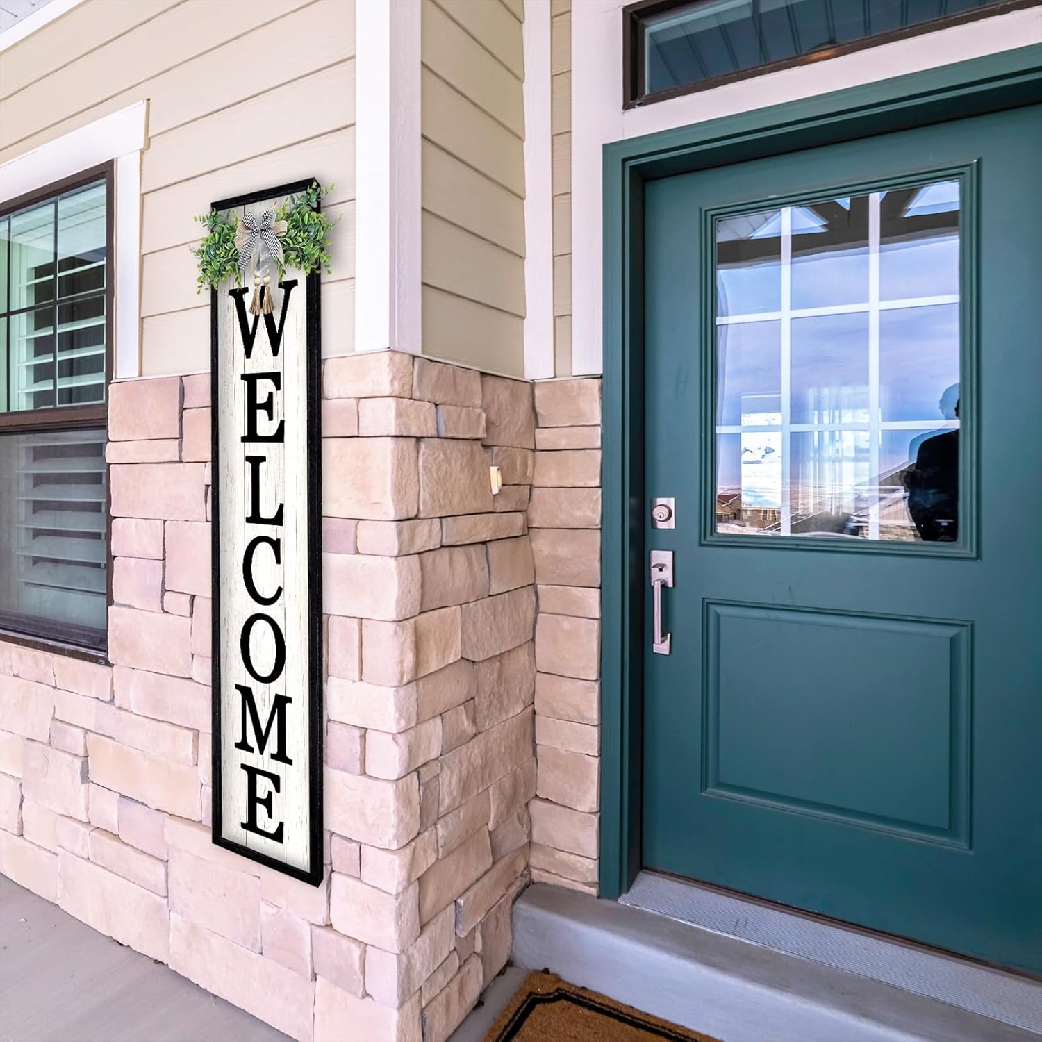 Front Porch for Welcome Standing Sign 45"X9" Vertical Tall Long Leaner Outdoor Front Door Wood Framed Decor (Black)