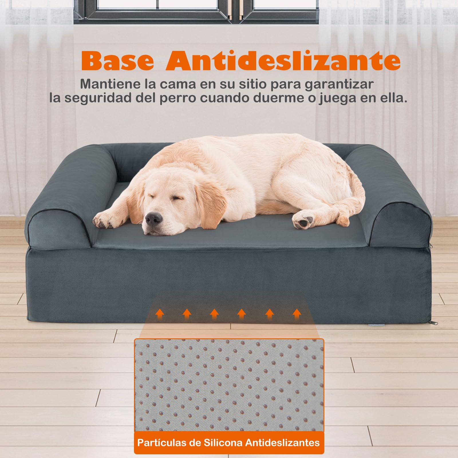 GOPLUS Cama Ortopédica para Perros Grandes, Cama de Espuma Viscoelástica con Reposacabezas Extraíbles, Funda Desmontable Lavable, Sofá de Gel Refrescante con Base Antideslizante para Mascotas, Gris