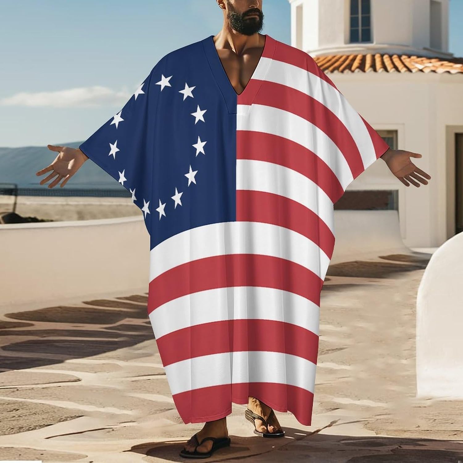 Betsy Ross Flag U.S.A Men's Kaftan Thobe V-Neck Long Gown Loose Robe