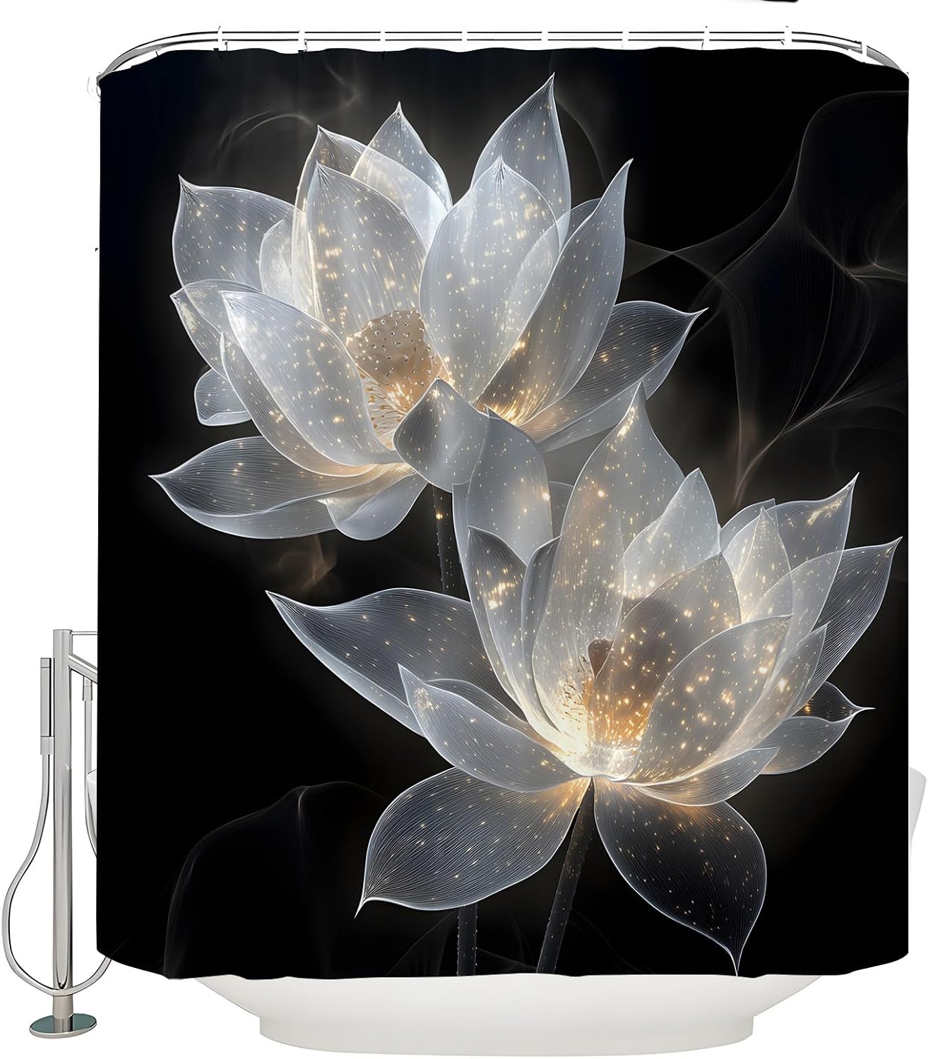 Black and Gold Shower Curtain Lotus Flower Elegant Blooming White Floral Relax Aesthetic Modern Bathroom Curtain with Hooks
