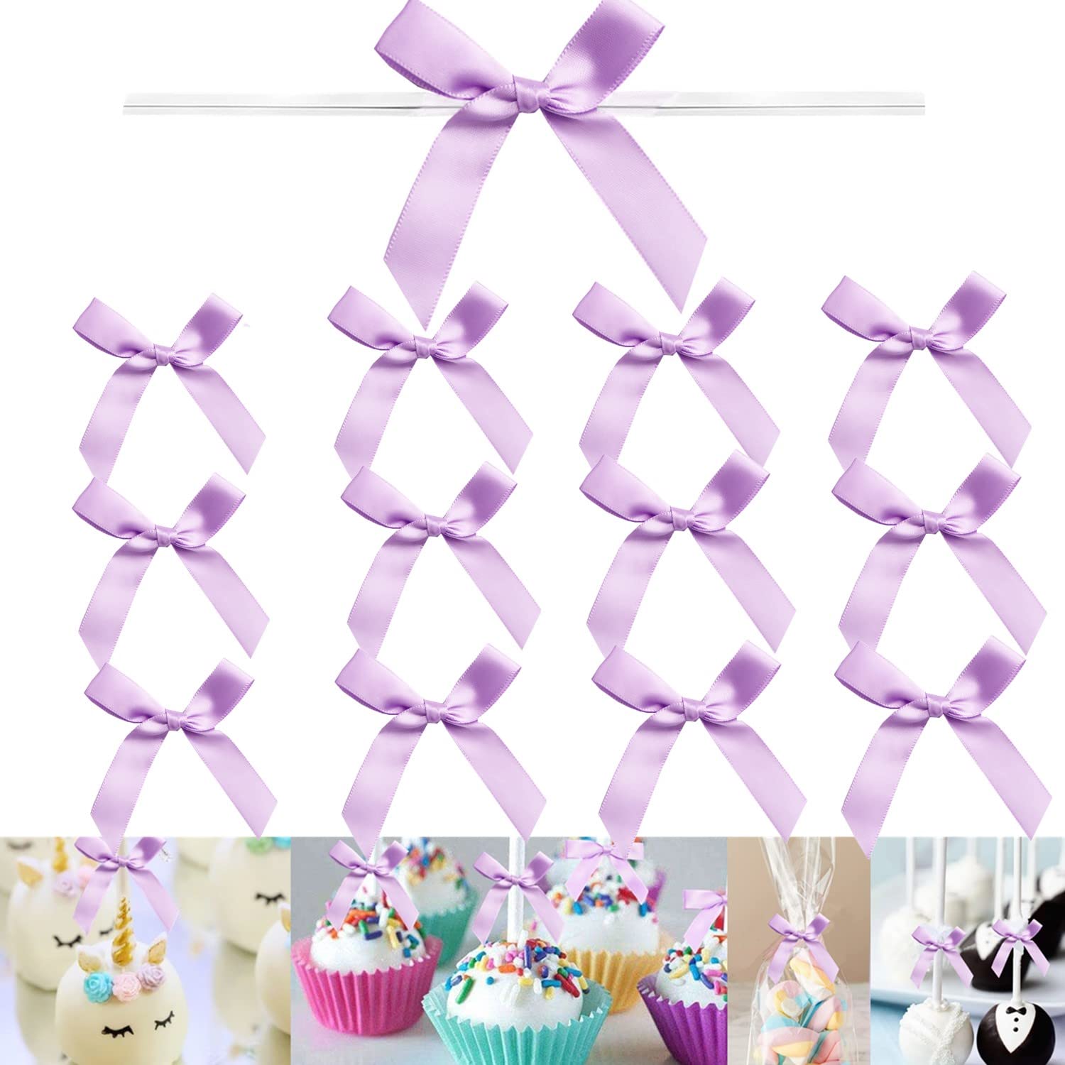 GUIFIER 100 PCS 3 Inch Twist Bows for Treat Bags, Satin Twist Tie Bows, Pre Tied Bows with Wire, Ribbon Bows with Twist Ties for Gift Bags, Popcorn