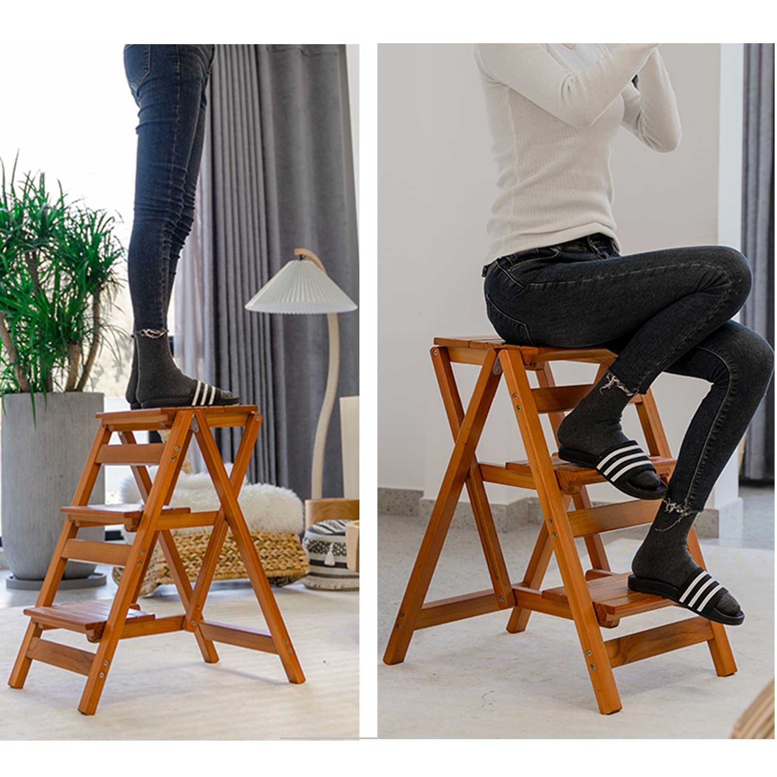 Haushaltsleiter Tritthocker 3 Schritte Leiterstuhl Holzleiter Hocker, Falttreppenstuhl Home Küche Bibliothek Multifunktions Faltbare Stufe Hocker Leiter Rack Beweglich