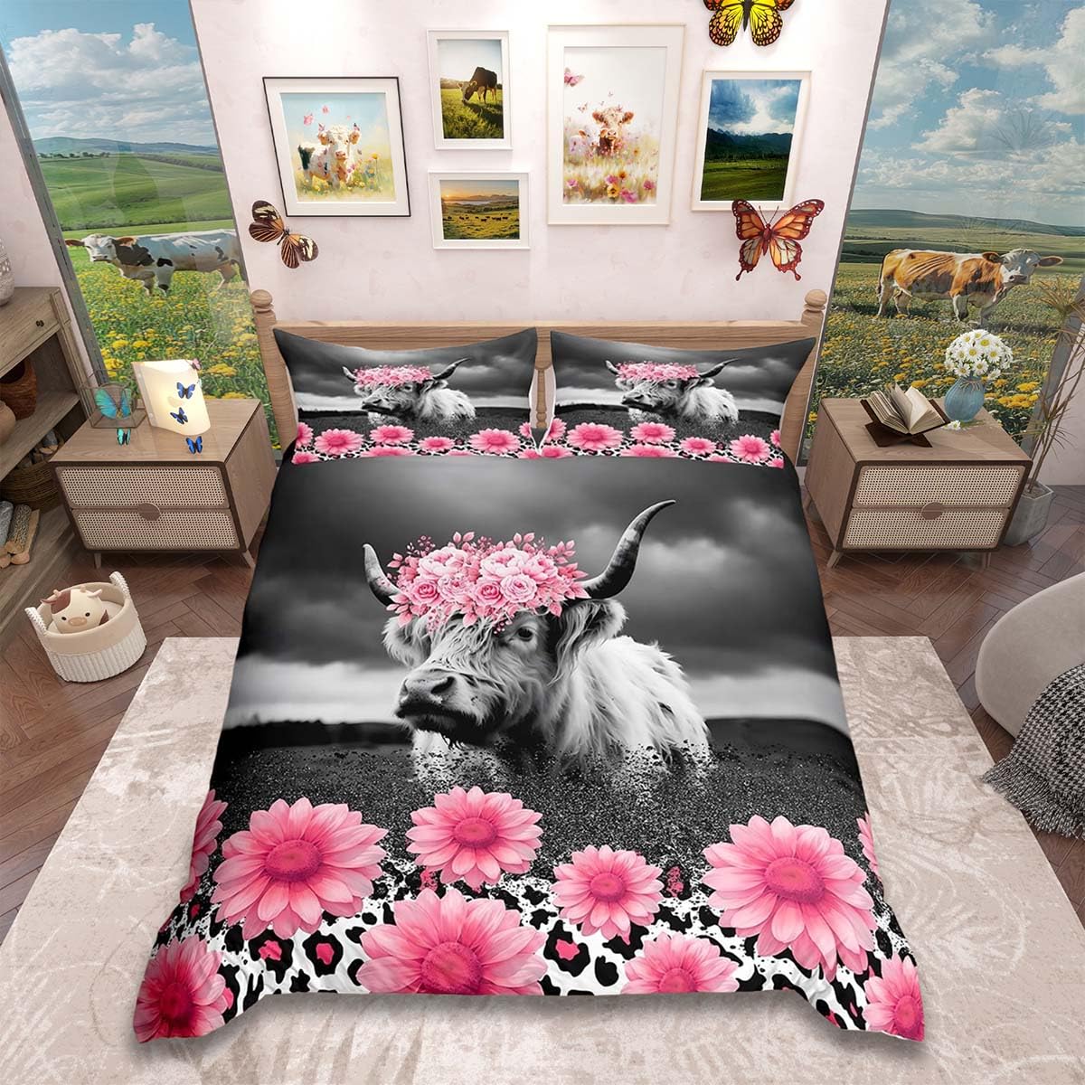Homemissing Floral Highland Cow Duvet Cover Set Cot Size For Kids Boys Girls Teens Leopard Highland Cattle Bedding Set Farmhouse AnimalsDuvet Cover with 1 Pillowcase