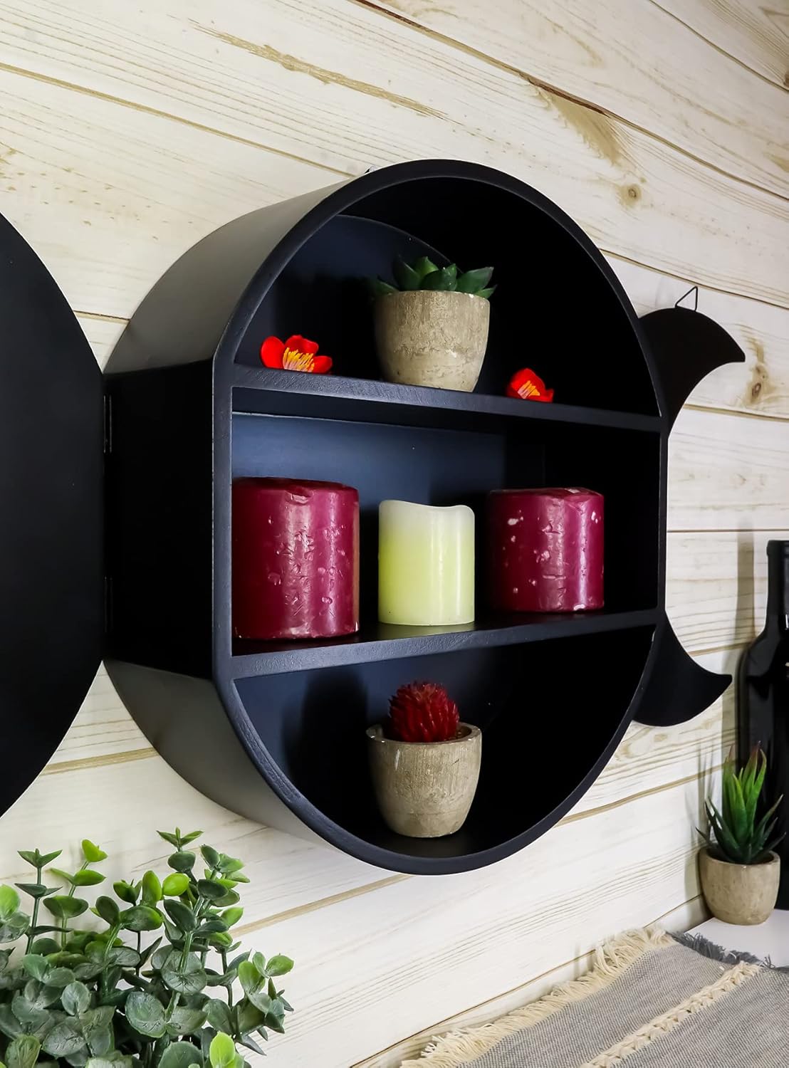 Ebros Light Duty Black Wicca Sacred Triple Moon Feminine Goddess Wall Hanging Floating Foldable Hinged MDF Wood Shelf with Tiers 14" Tall 36" Wide Occult Wiccan Home Office Room Accent