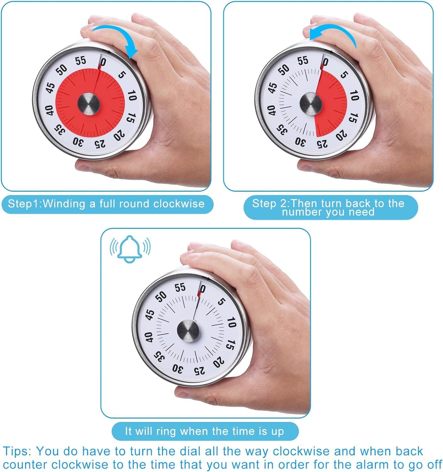 FORGEOG Mechanical Kitchen Timer - Magnetic, Visual, Stainless Steel - No Battery Required - Multicolour 4