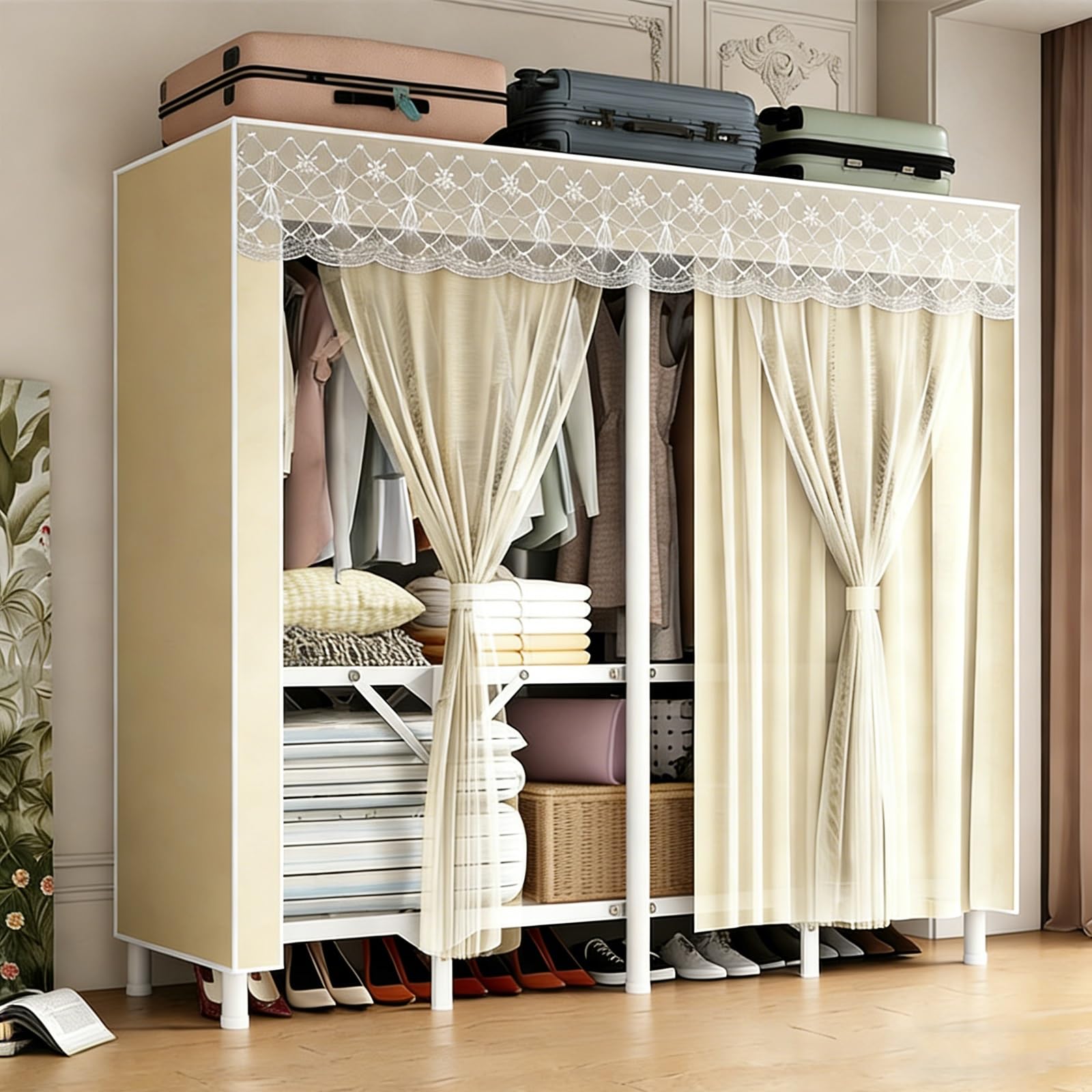 Stoffkleiderschrank mit Oxford-Stoffbezug, Tragbarer Faltbarer Kleiderschrank, Standkleiderschrank, Faltbar mit Kleiderstange, Ideal für Schlafzimmer(Yellow,200cm/79in)