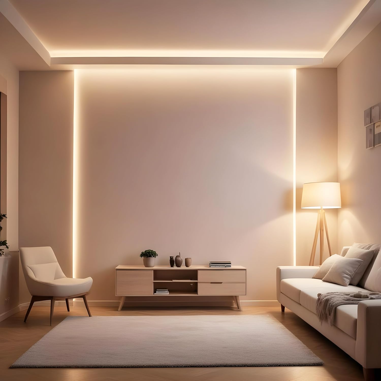 ECOLITE LED bulb providing ambient lighting in a modern living room.