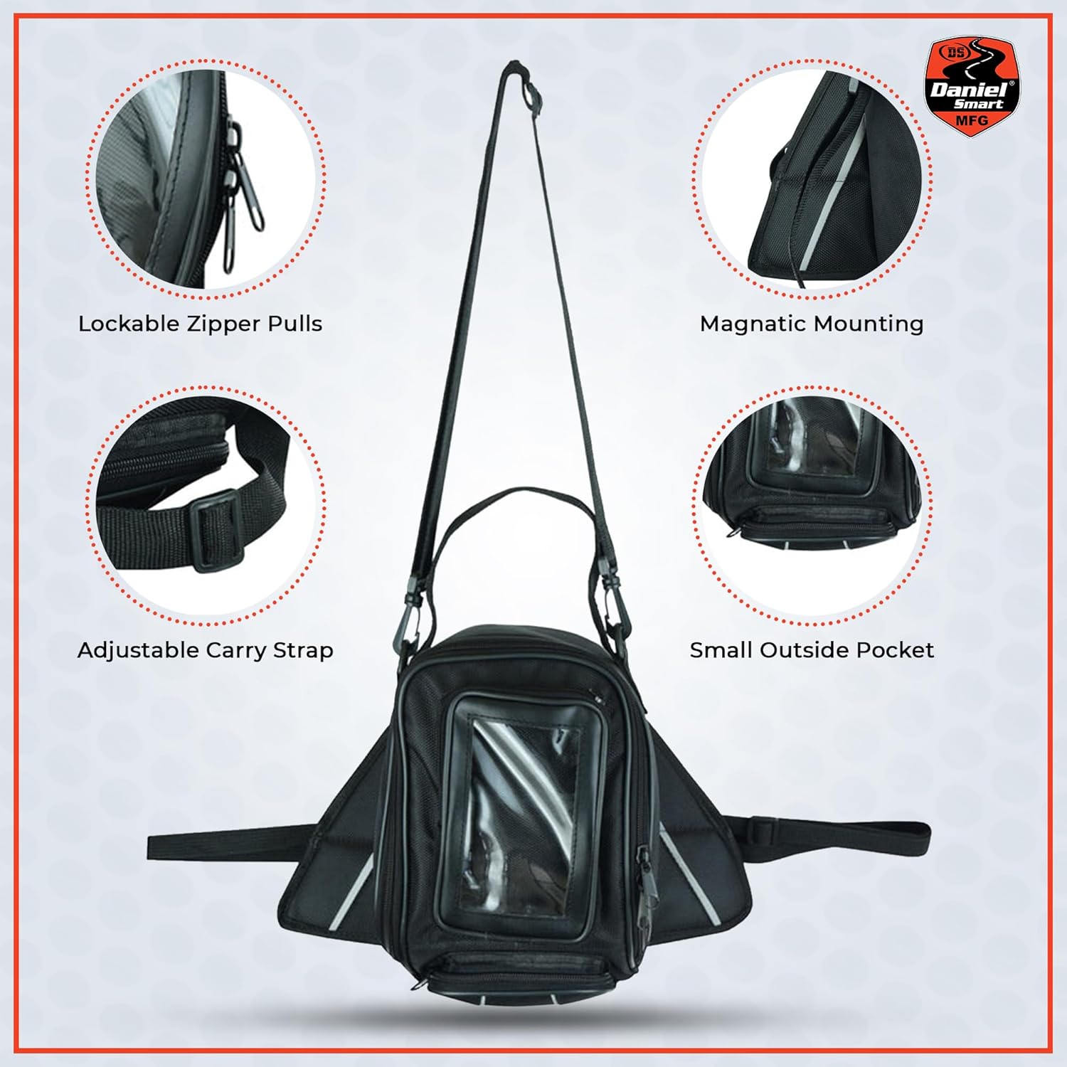 Daniel Smart Motorcycle Tank Bag with Touch Screen Compatible Media Pocket - Water Resistance Magnetic Bike Cell Phone Pouch