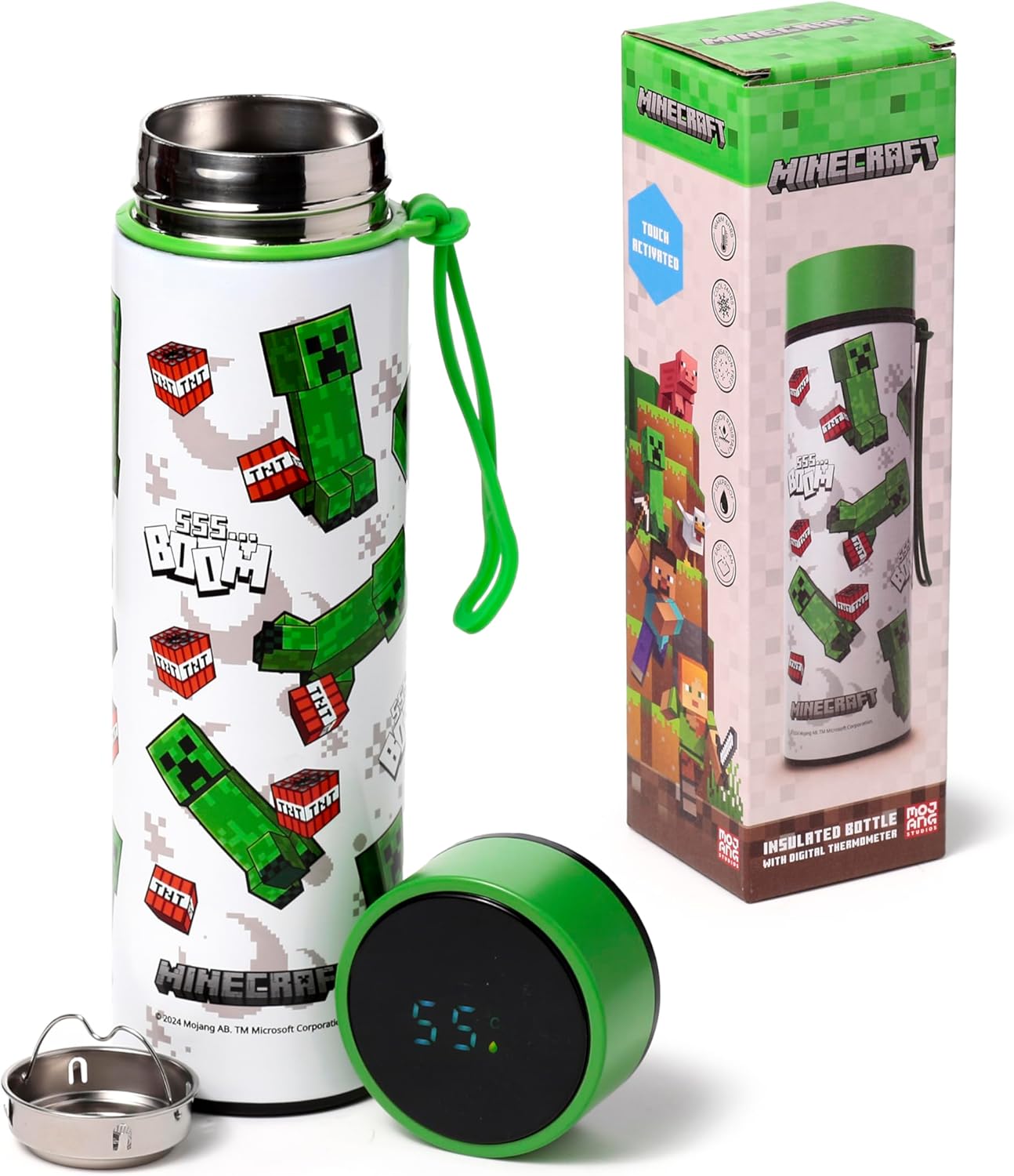 Reusable Stainless Steel Hot & Cold Insulated Drinks Bottle Digital Thermometer – Minecraft SSS… BOOM