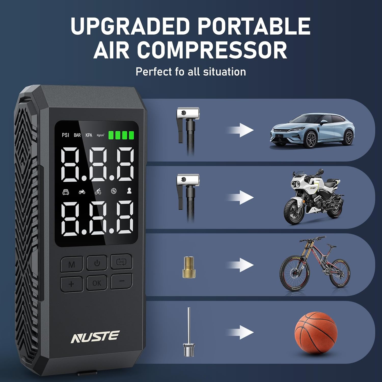 Tire Inflator Portable Air Compressor, Air Pump for Car Tires with Digital Pressure Gauge, 150PSI Rechargeable Battery, LED Light, Cordless Bike Tire Pump for Car, Motorcycle, Bicycle - Image 3