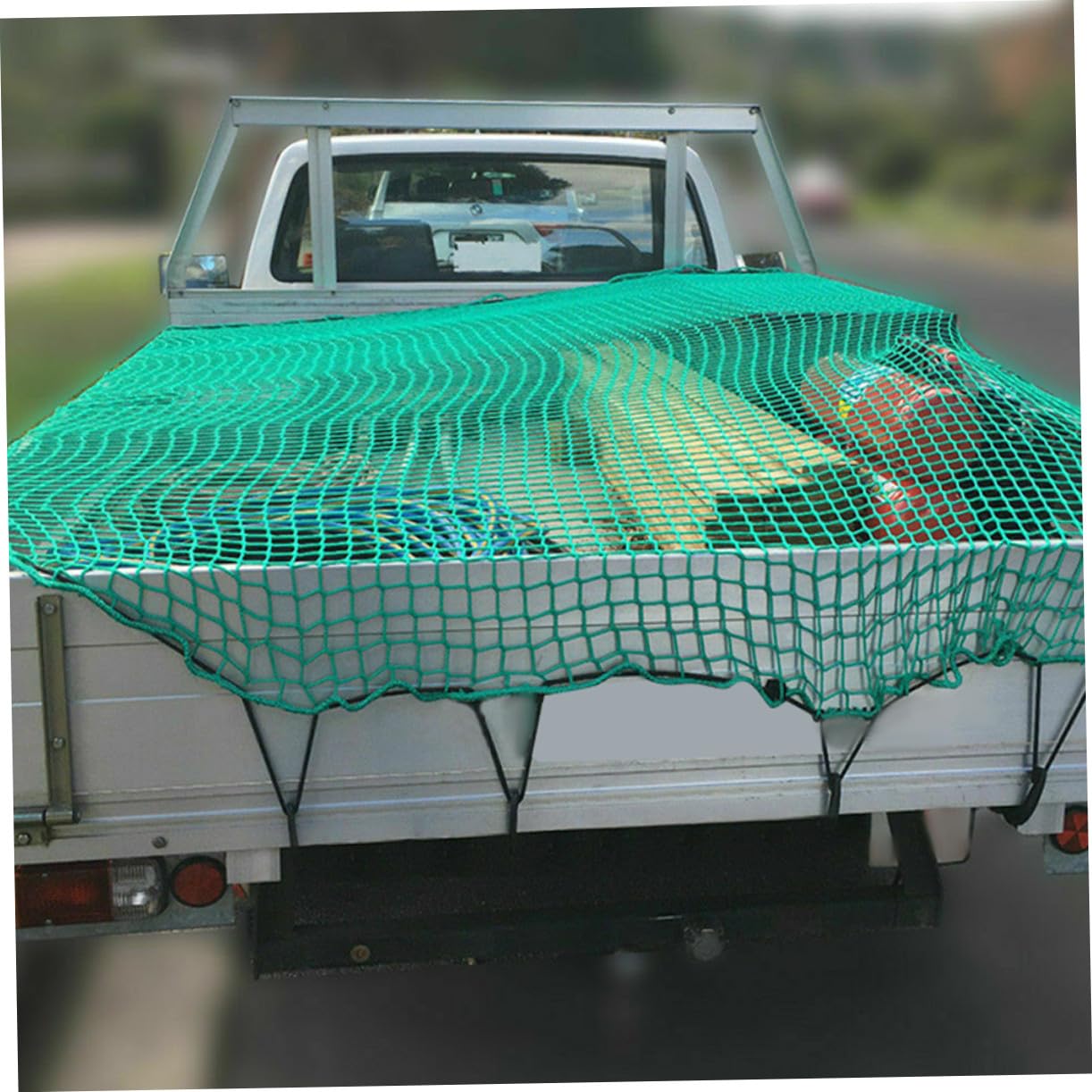 VOSAREA Rete di Carico per Camion Pickup in Nylon Verde con Elastici e 15 Ganci, Rete Resistente per Rimorchio e Copertura Estensibile, per Campeggio e Trasporto Merci