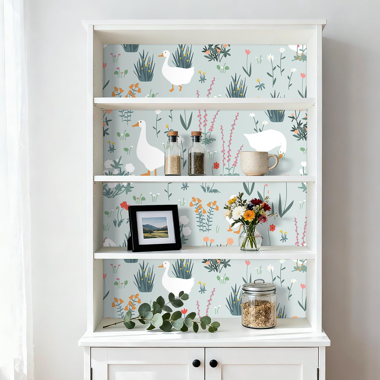 FunStick 44.5CMx9M Papel Pintado Autoadhesivo Botanico Vinilo Adhesivo Flores Pequeñas Verde Azul Revestimiento Pared Gansos Blancos en Los Prados Papel Adhesivo para Habitación Baño Verde Pálido Azul