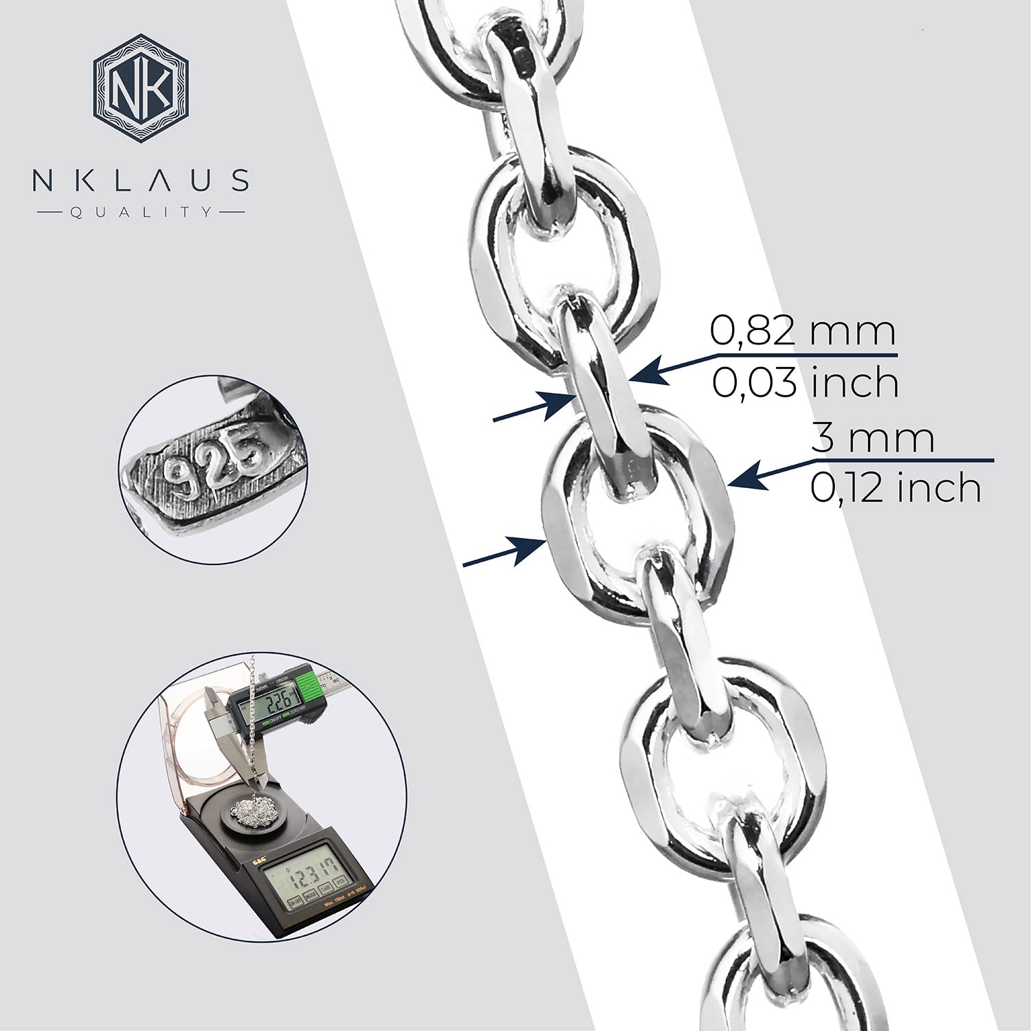 NKlaus Ankerkette massiv 925 Sterling Silber, 4-fach diamantiert, 1 Stück | 3mm breit; für Damen und Herren; mit 925-Silberpunze am Verschluss
