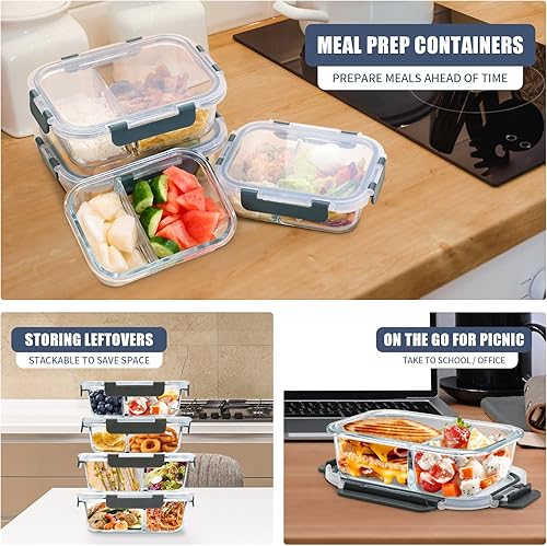 Miniatura 4 de Recipientes de 2 y 3 compartimentos para preparación de comidas, recipientes de vidrio para almacenamiento de alimentos con tapas, caja Bento,
