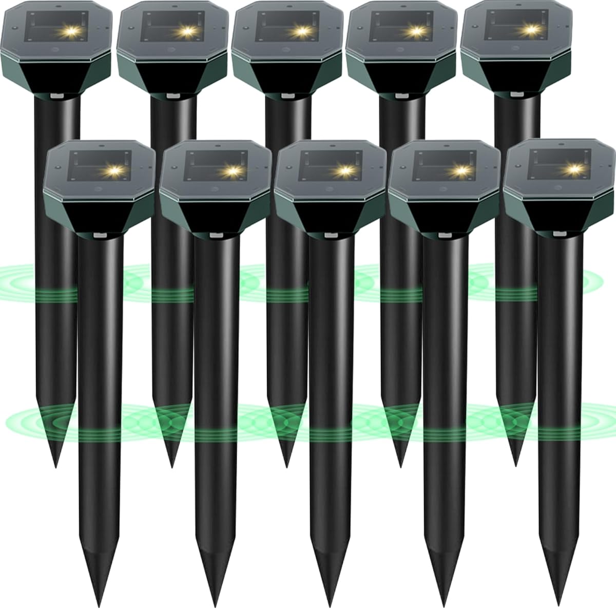 Snake & Mole & Rabbit & Skunk Repellent Solar Powered, Upgraded Ultrasonic Deterrent, IP65 Waterproof, Gopher Groundhog Chipmunk Raccoon and Vole Repellent & Deterrent for Lawn & Garden, 10 Pack