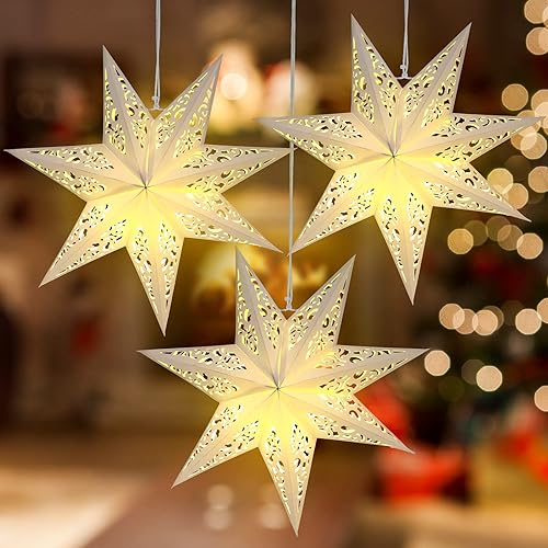 3 faroles de papel de Navidad de 20 pulgadas con forma de estrella, decorativos de 7 puntos de papel blanco con 6 luces LED colgantes, pantalla de