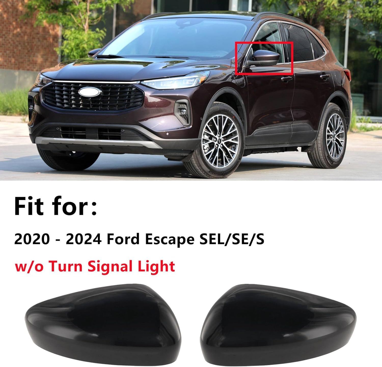 Rear View Mirror Cover Compatible with 2020-2024 Ford Escape SE/SEL 20 21 22 23 24 w/o Turn Signal Light Mirror Caps Replacement Left and Right