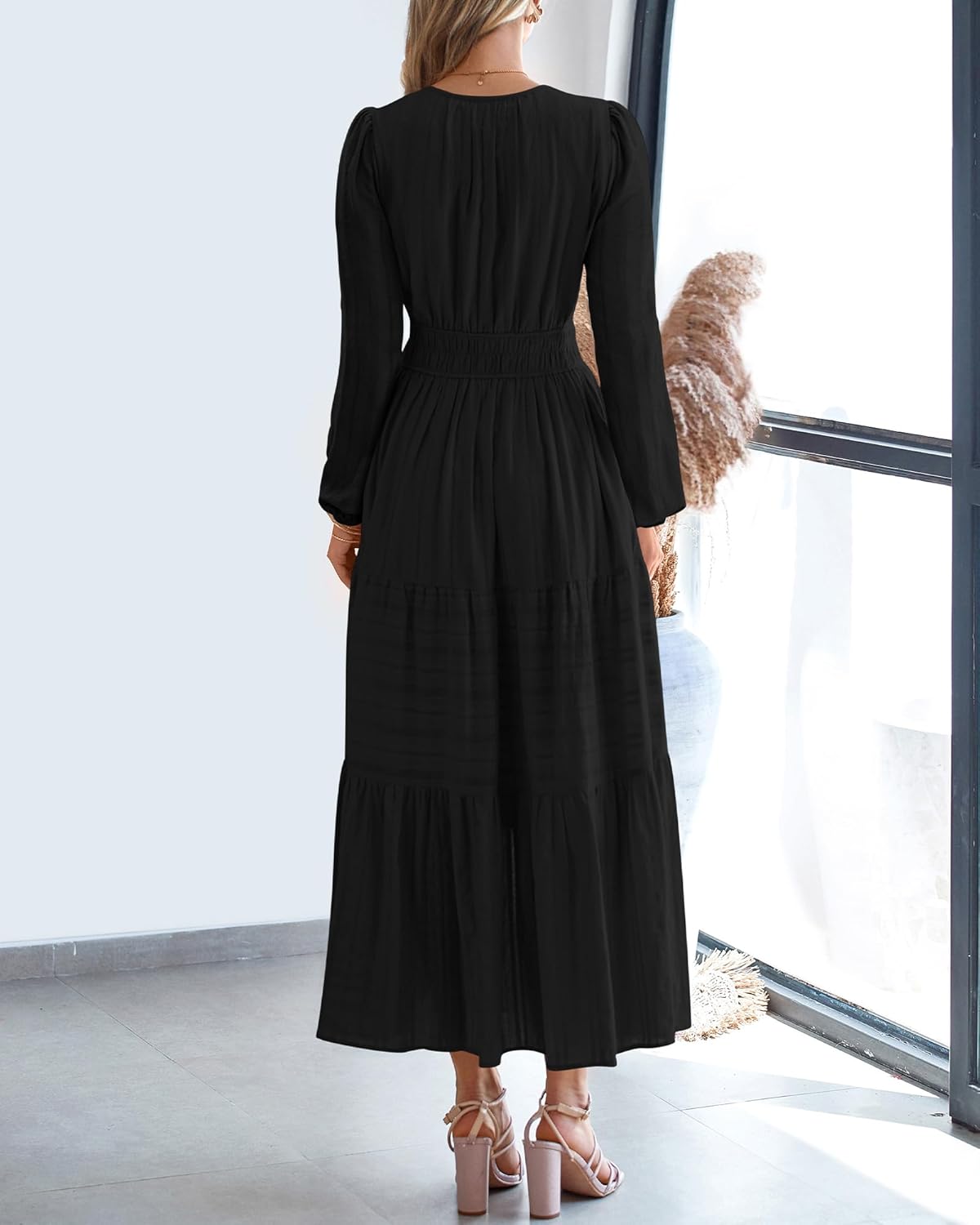 BTFBM Spring Dresses for Women 2026 Casual Long Sleeve V Neck Elastic Waist Lightweight Maxi Wedding Guest Dress Pockets - Image 3
