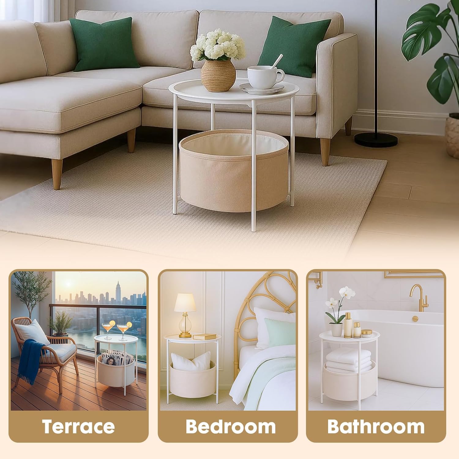 ShellKingdom End Table, Small Round Side Table with Fabric Basket, Metal Night Stand with Removable Tray for Living Room, Bedroom, Nursery, Laundry (White)