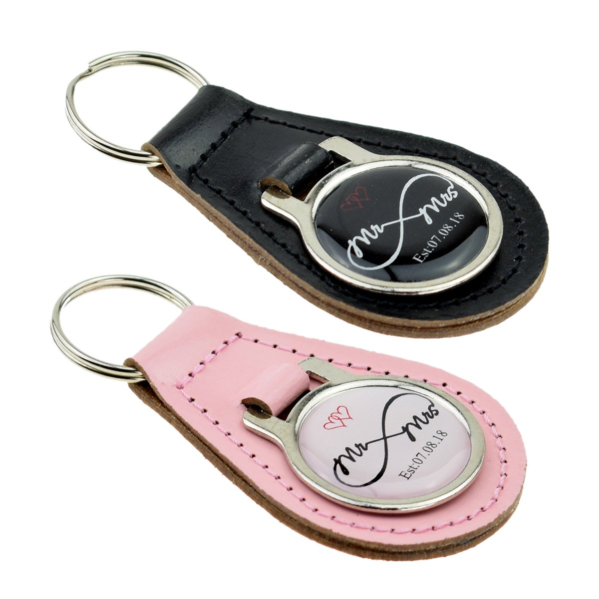 Gtr-Prestige Giftware Black And Pink Personalised Mr & Mrs Est Date Wedding Design Bonded Leather Keyring Set